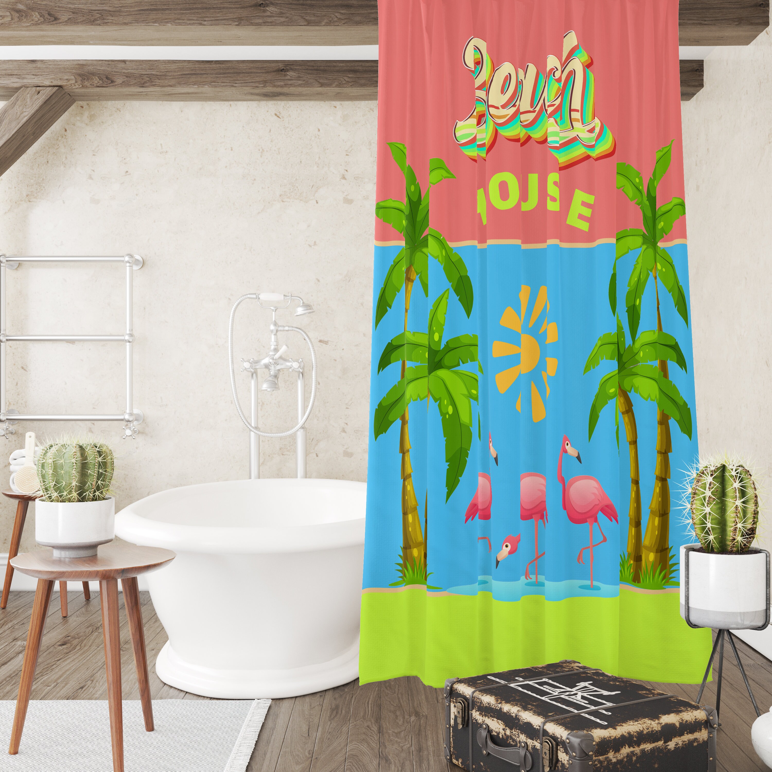 Flamingo Beach House Shower Curtain with Tropical Bath Accessories - Image 3