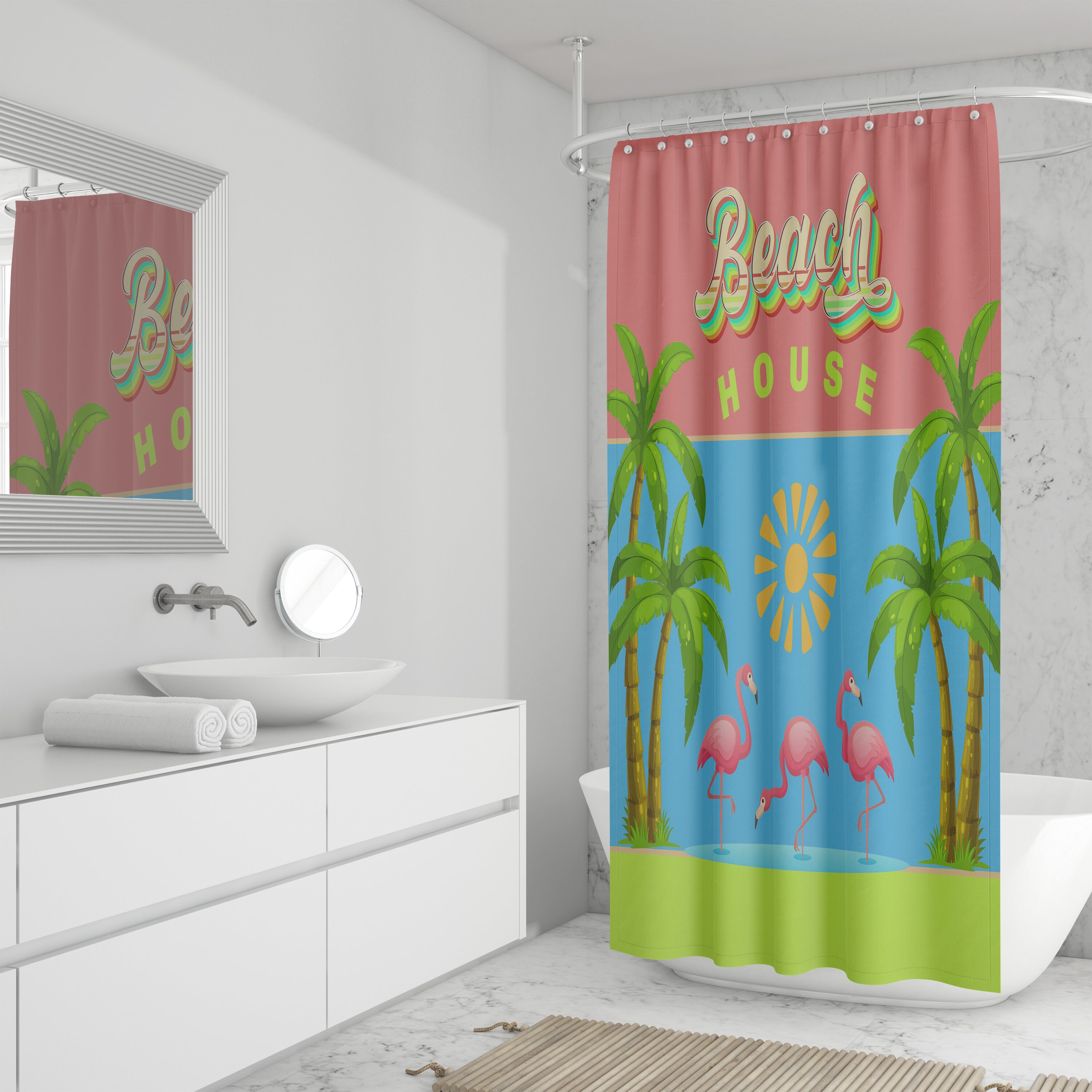 Flamingo Beach House Shower Curtain with Tropical Bath Accessories - Image 4