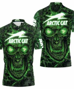 Flash some fiery style with the Arctic Cat Green Flame Skull 3D All Over Print Polo Shirt