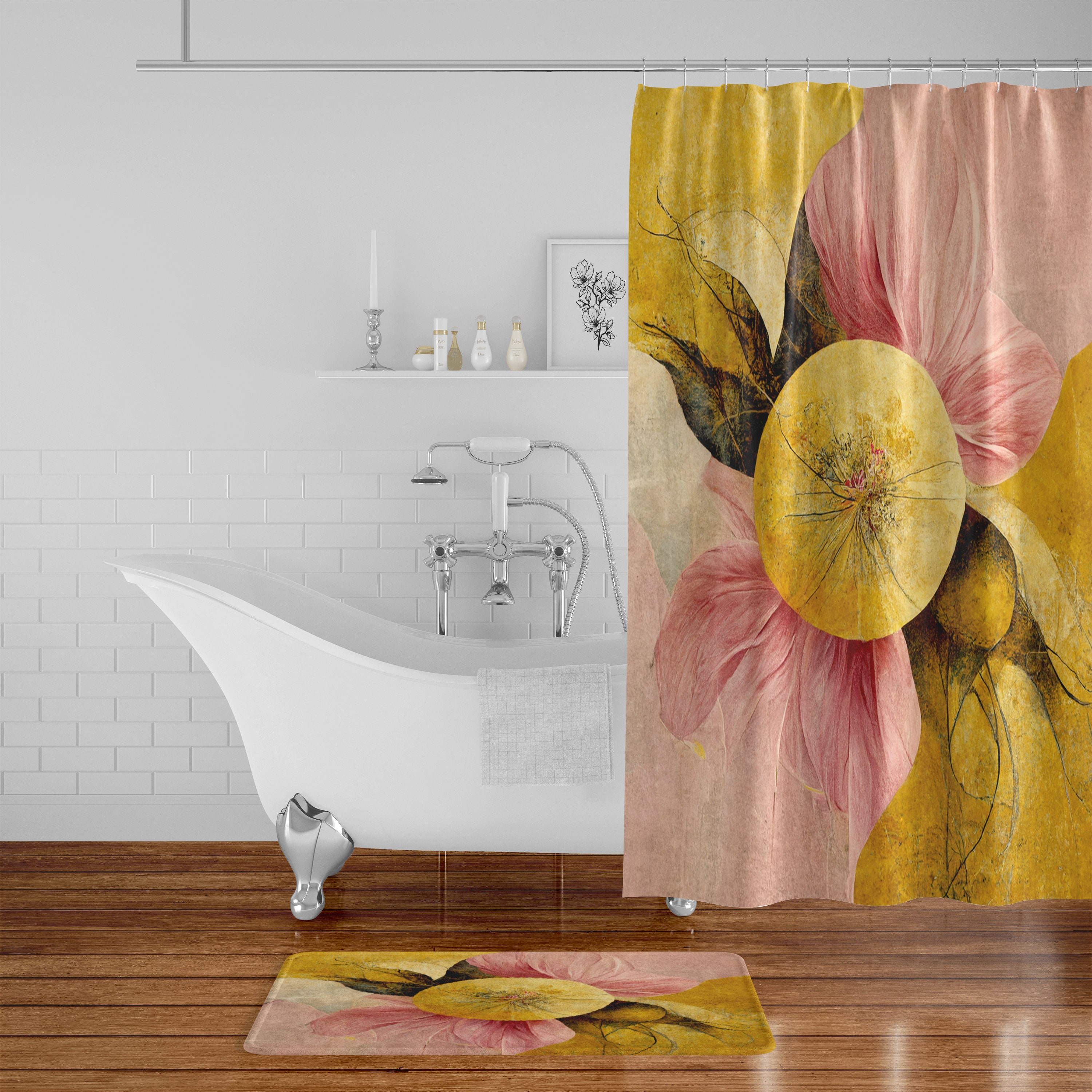 Floral Abstract Shower Curtain - Modern Bath Curtain with Optional Bathroom Accessories for Minimalist Bathroom Decor