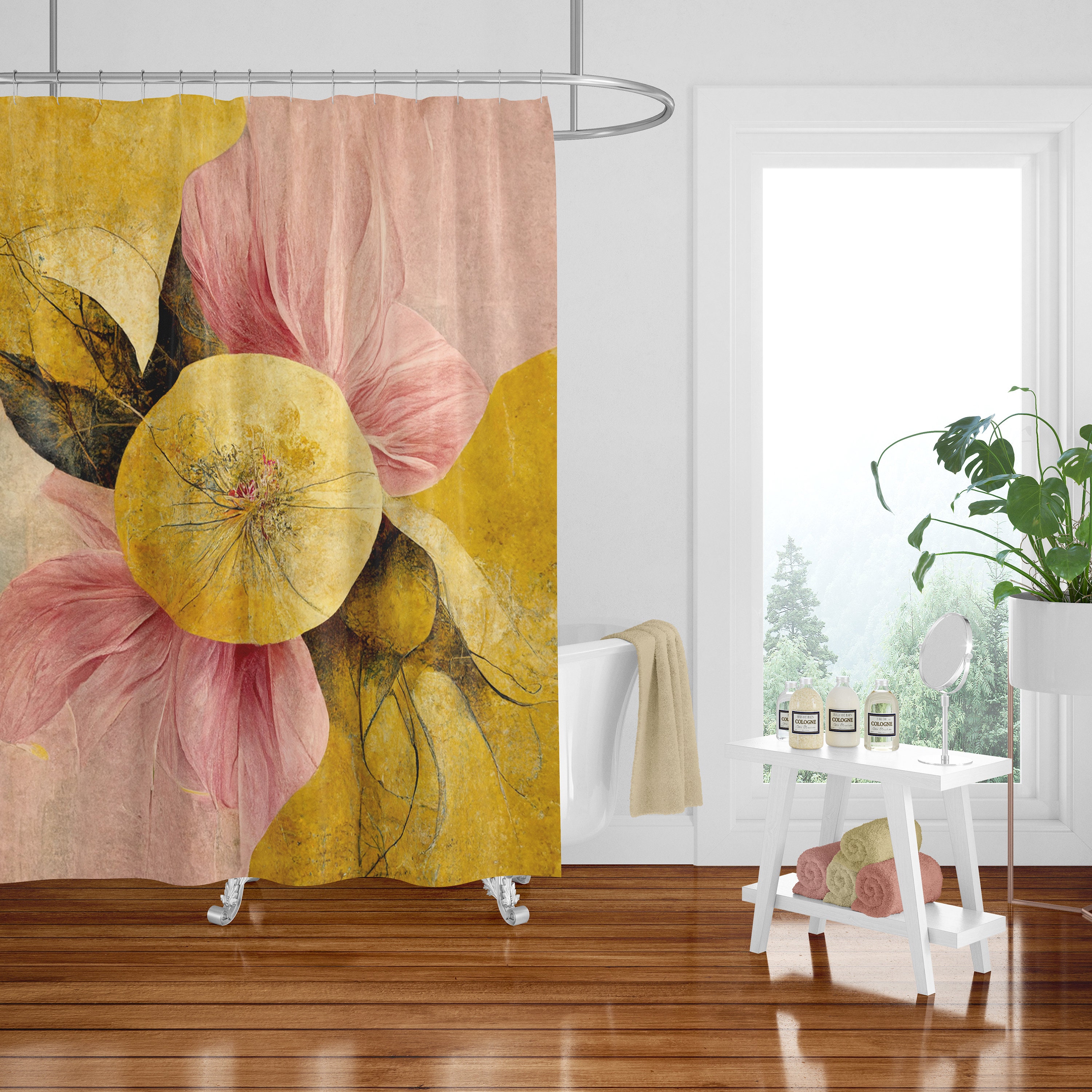 Floral Abstract Shower Curtain - Modern Bath Curtain with Optional Bathroom Accessories for Minimalist Bathroom Decor - Image 2