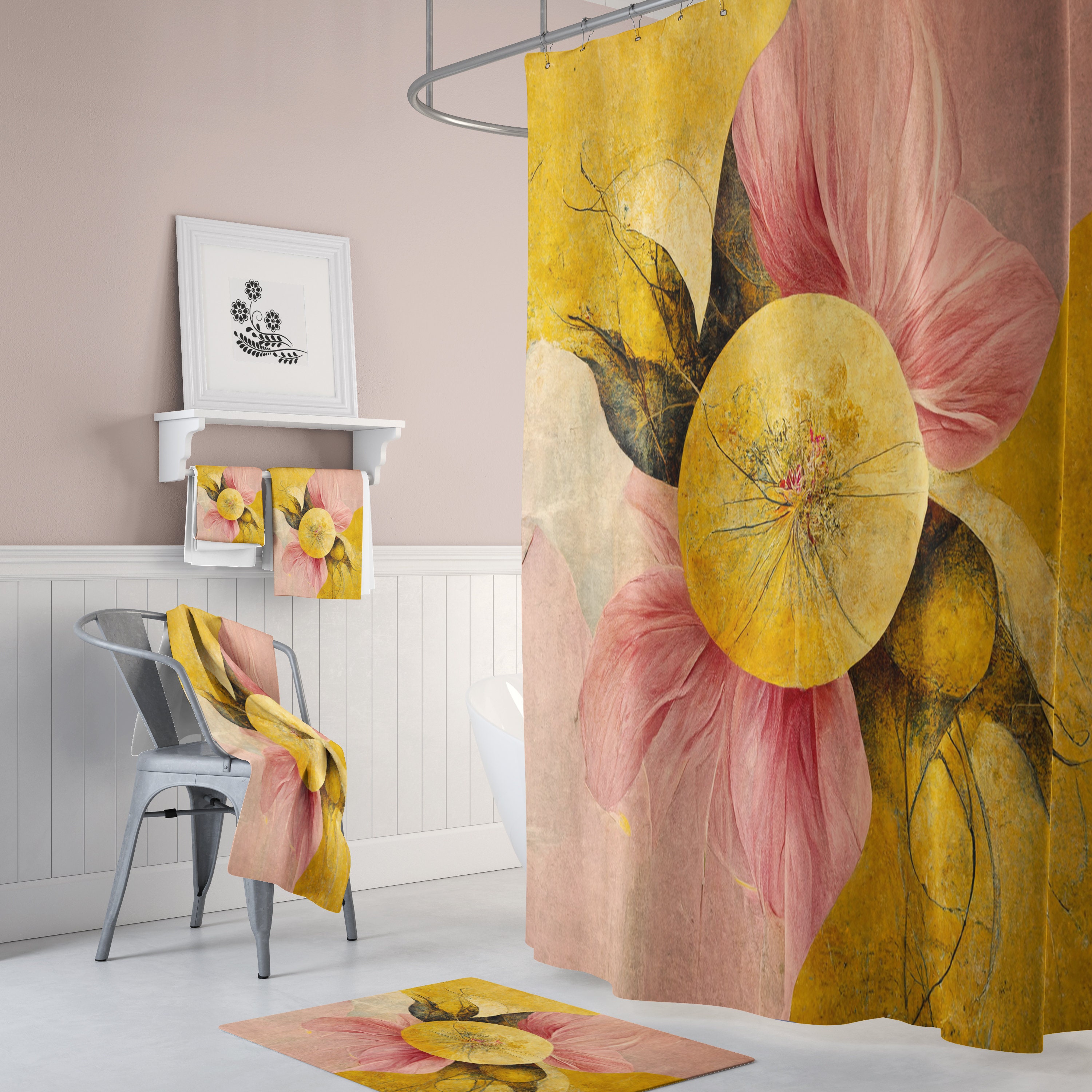 Floral Abstract Shower Curtain - Modern Bath Curtain with Optional Bathroom Accessories for Minimalist Bathroom Decor - Image 4