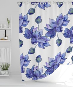 Floral Boho Shower Curtain With Blue Lotus Flowers, Fabric Bathroom Print, Eclectic Home Linens, Unique Bathroom Decor