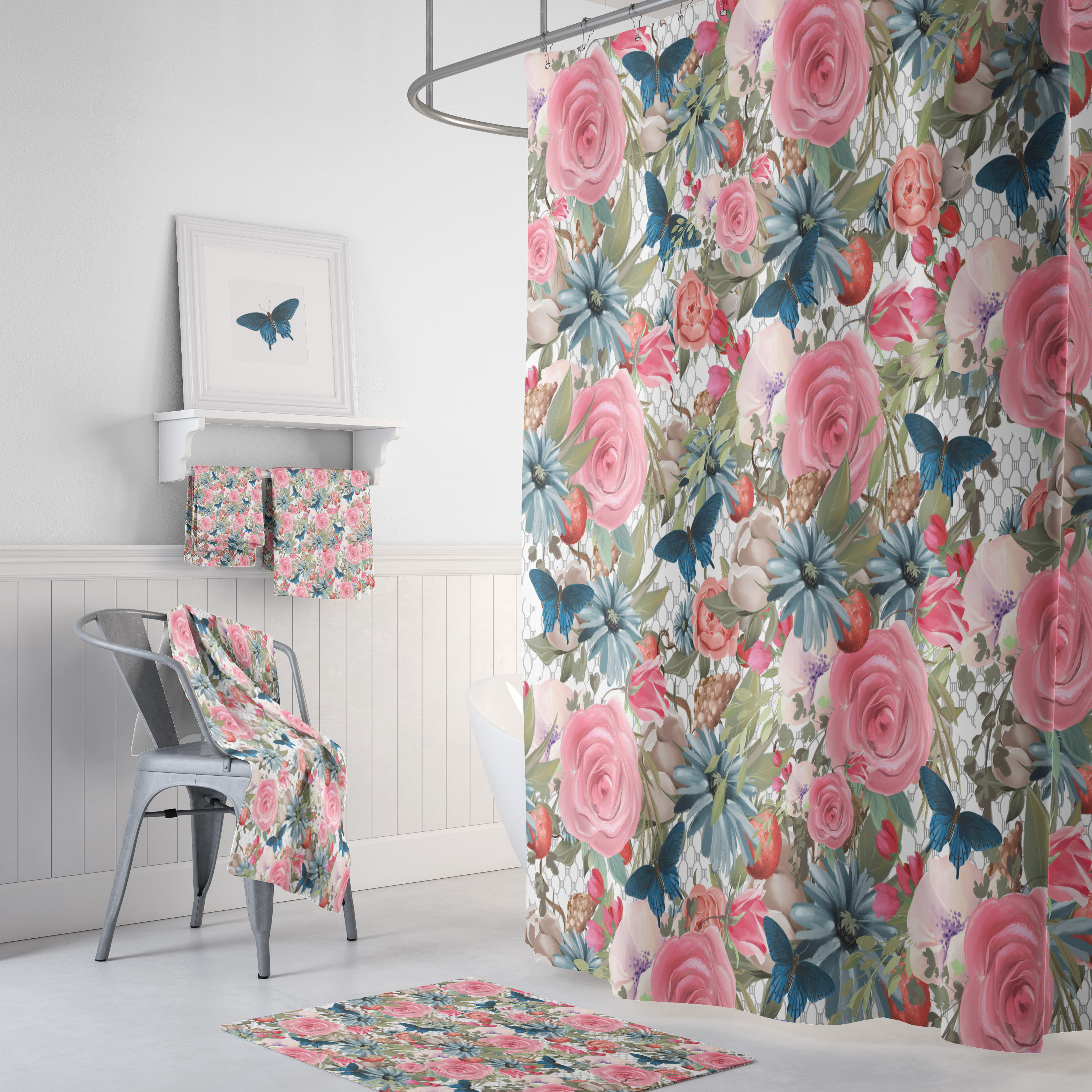 Floral Butterfly Shower Curtain - Colorful Bath Curtain with Optional Bathroom Set or Accessories