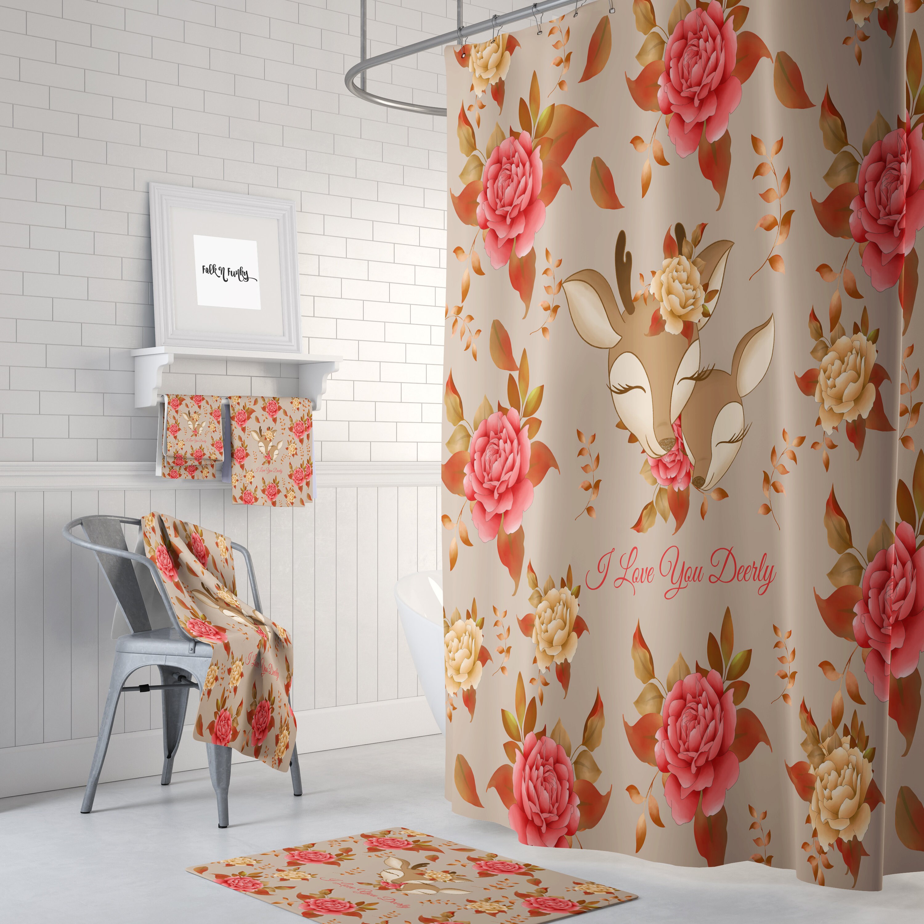 Floral Deer Shower Curtain - Rustic Bath Curtain with Matching Towels and Hand Towels for Nature-Loving Bathroom Decor