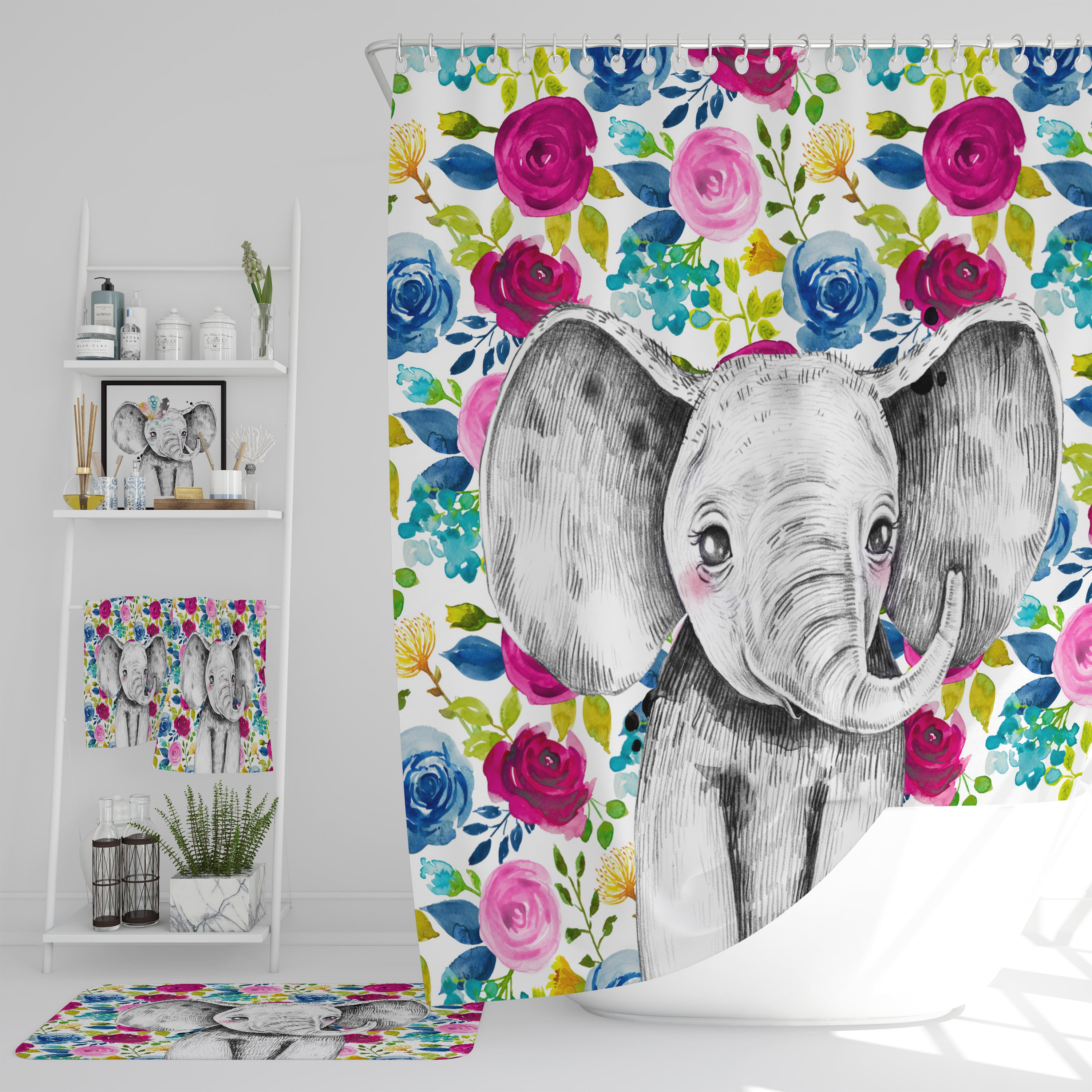 Floral Elephant Shower Curtain Set with Optional Bath Accessories