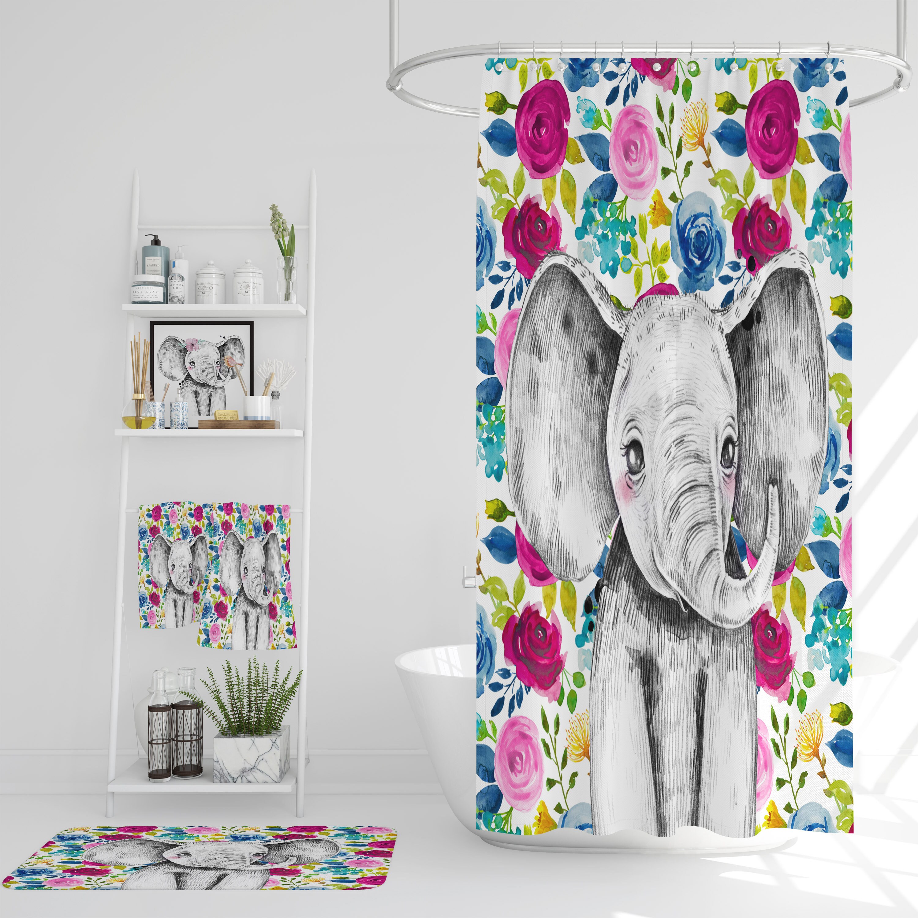 Floral Elephant Shower Curtain Set with Optional Bath Accessories - Image 2