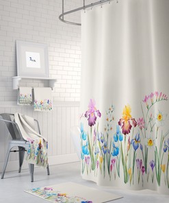 Floral Iris and Wildflower Shower Curtain with Towels, Bath Mat, and Boho Decor for Elegant Bathroom