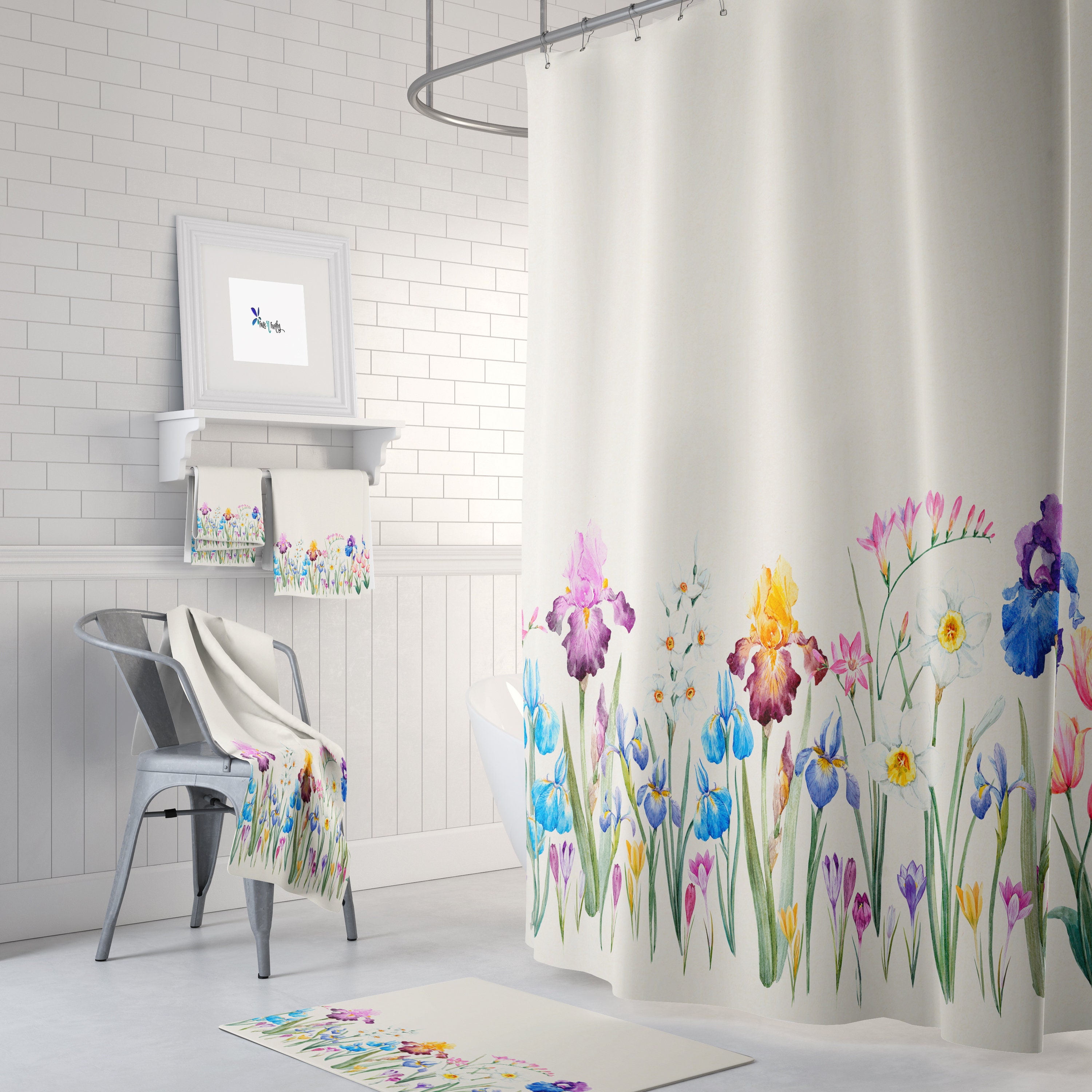 Floral Iris and Wildflower Shower Curtain with Towels, Bath Mat, and Boho Decor for Elegant Bathroom