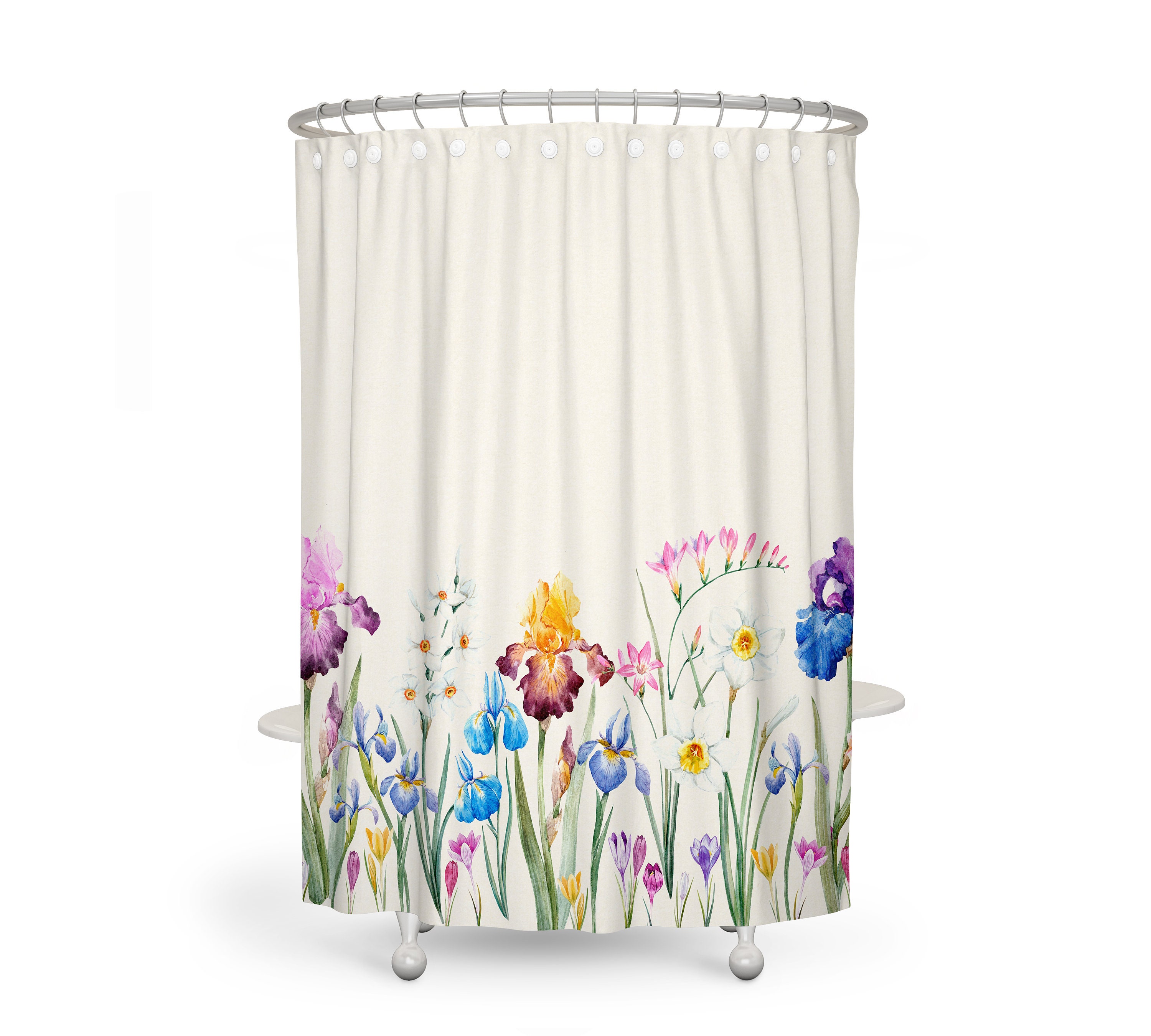 Floral Iris and Wildflower Shower Curtain with Towels, Bath Mat, and Boho Decor for Elegant Bathroom - Image 2