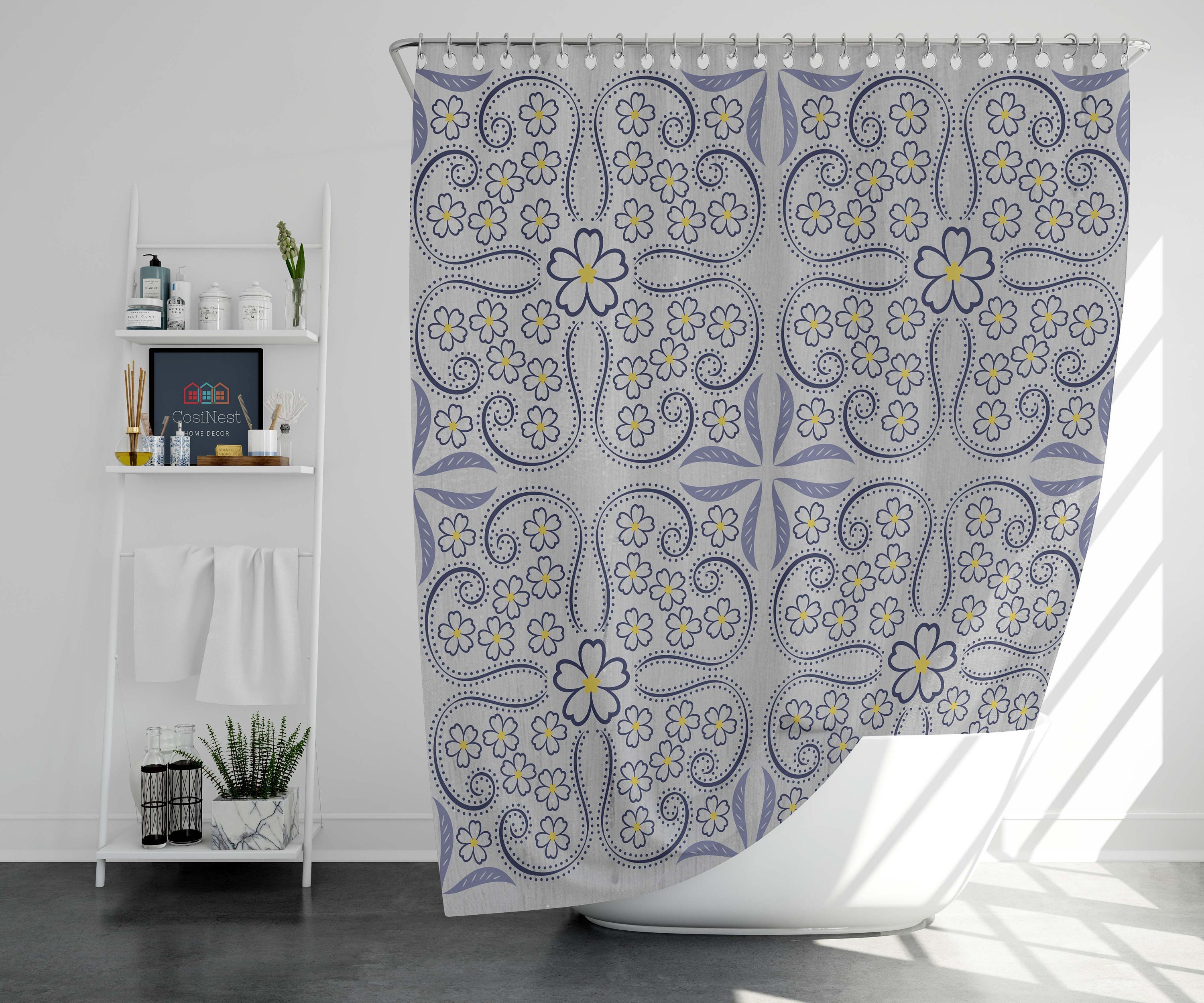 Floral Mandala Shower Curtain | Geometric Line Flowers Fabric Bathroom Curtain Set Vintage Shower Curtains