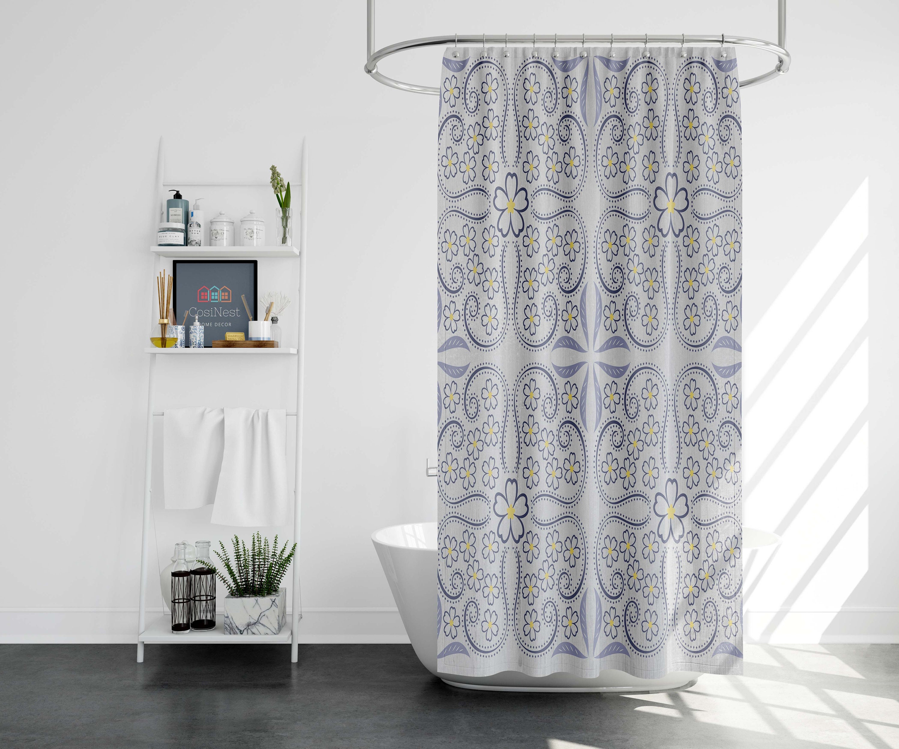 Floral Mandala Shower Curtain | Geometric Line Flowers Fabric Bathroom Curtain Set Vintage Shower Curtains - Image 2
