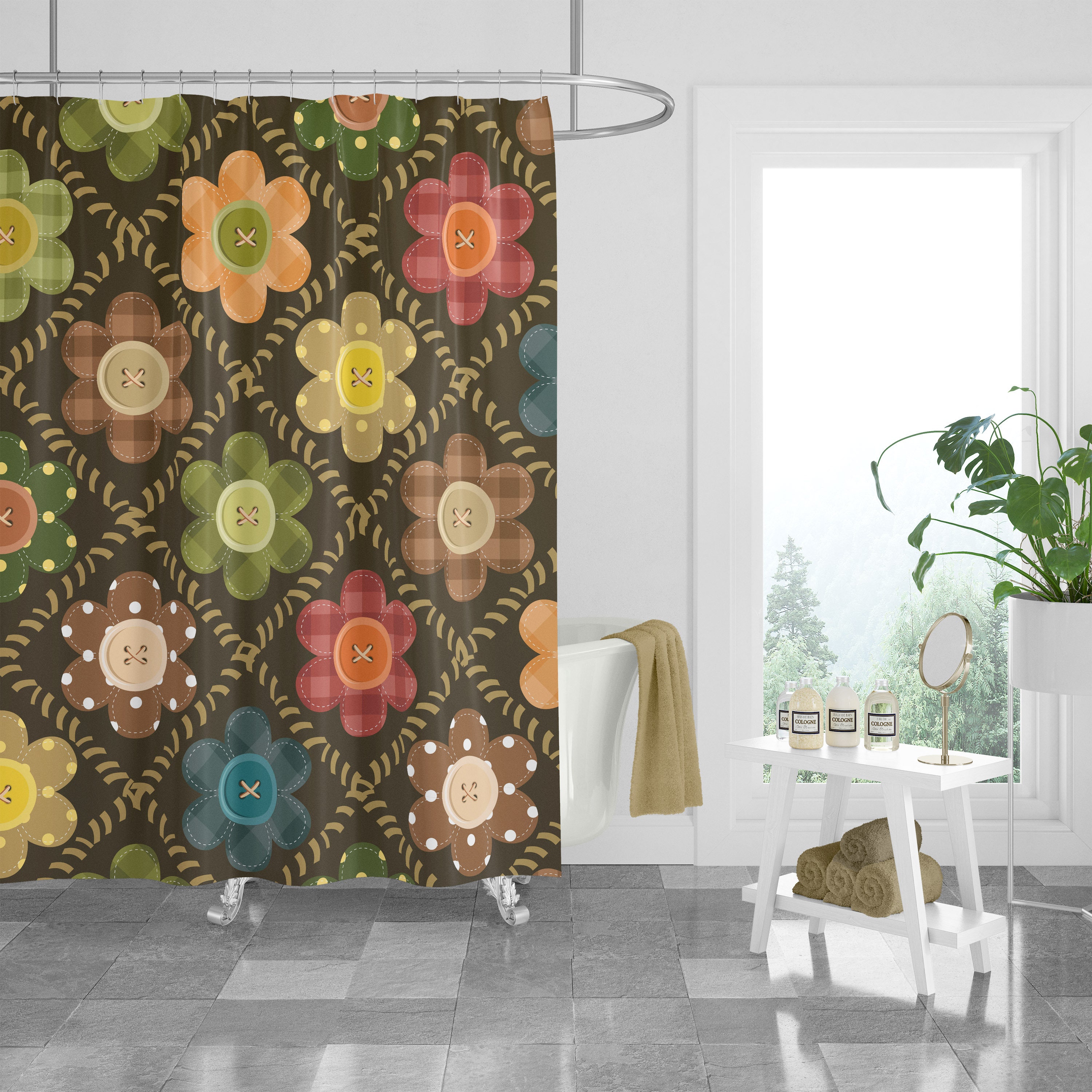 Floral Patchwork Boho Shower Curtain, Colorful Fabric Print, Optional Towels and Mat, Eclectic Bathroom Accessories