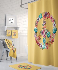 Floral Peace Sign Shower Curtain - Hippie Bath Curtain Optional Set and Sunny Yellow Accents for Groovy Bathroom Decor