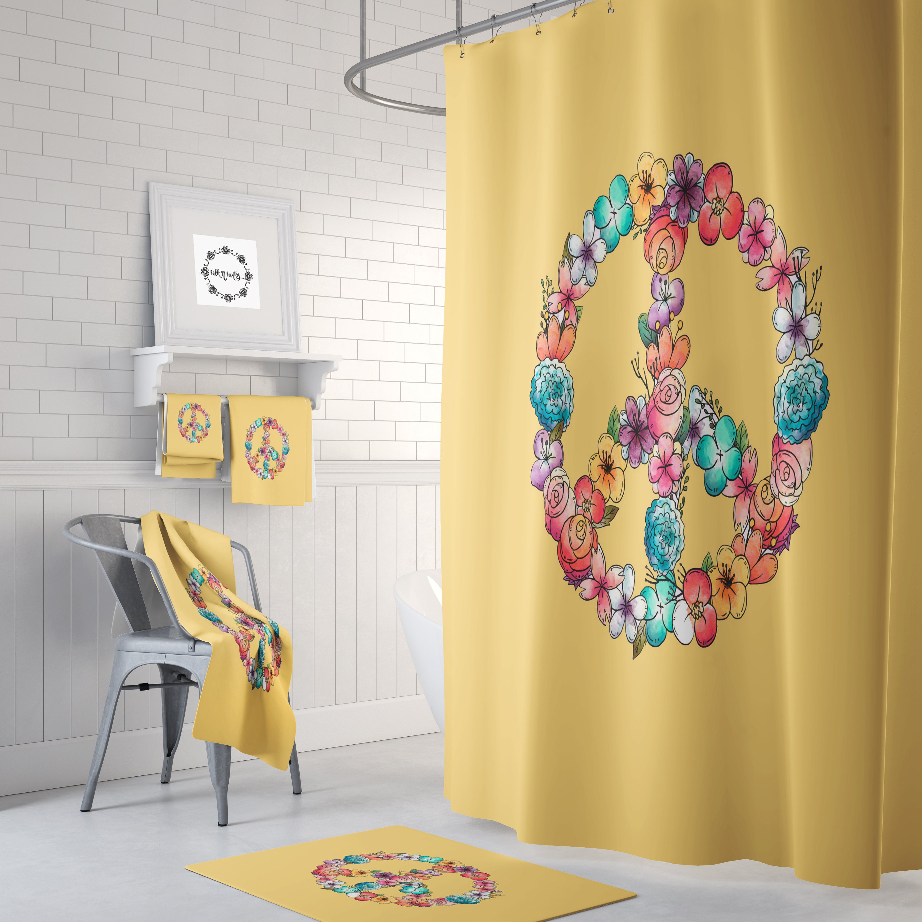 Floral Peace Sign Shower Curtain - Hippie Bath Curtain Optional Set and Sunny Yellow Accents for Groovy Bathroom Decor