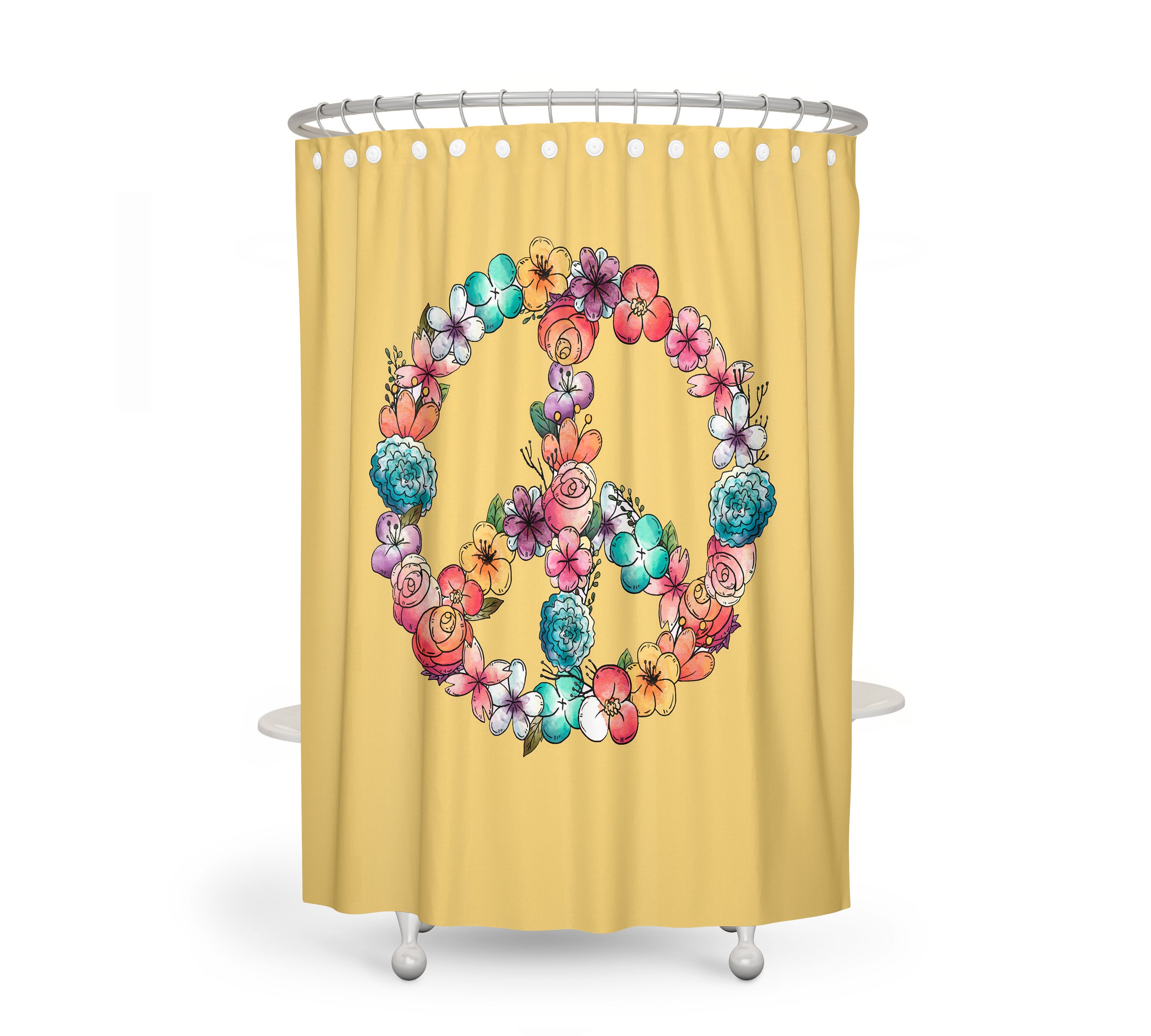 Floral Peace Sign Shower Curtain - Hippie Bath Curtain Optional Set and Sunny Yellow Accents for Groovy Bathroom Decor - Image 2