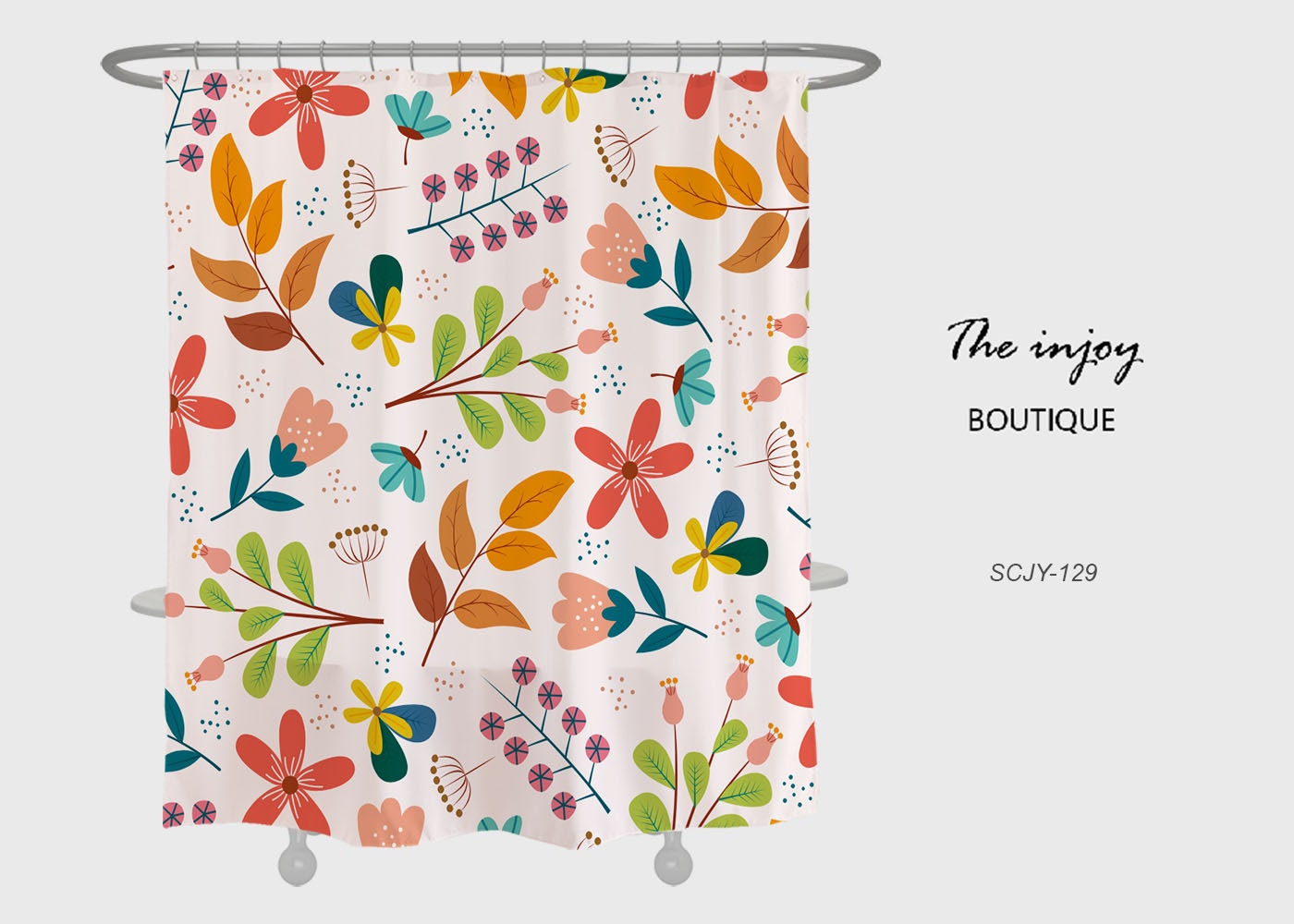 Floral Plant Watercolor Flowers Shower Curtain with Hooks, Machine Washable Durable Polyester Fabric Curtain