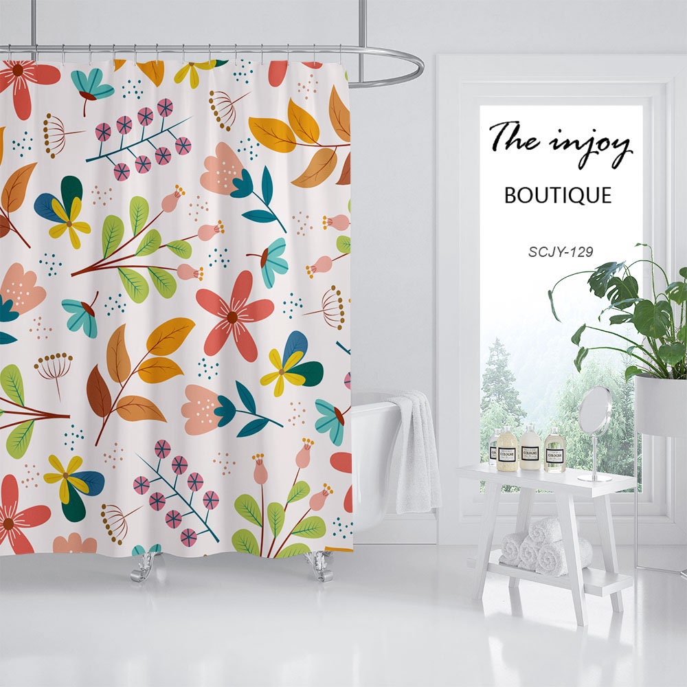 Floral Plant Watercolor Flowers Shower Curtain with Hooks, Machine Washable Durable Polyester Fabric Curtain - Image 2