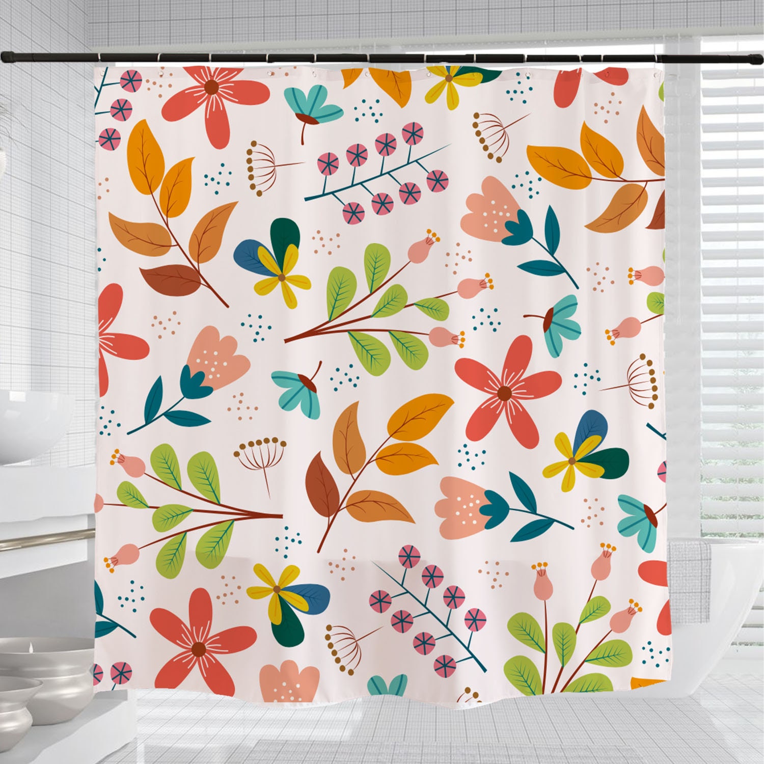 Floral Plant Watercolor Flowers Shower Curtain with Hooks, Machine Washable Durable Polyester Fabric Curtain - Image 3