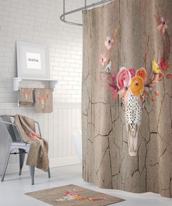 Floral Rustic Bull Skull Shower Curtain - Western Bath Curtain with Optional Towels and Mat for Boho-Chic Bathroom Decor