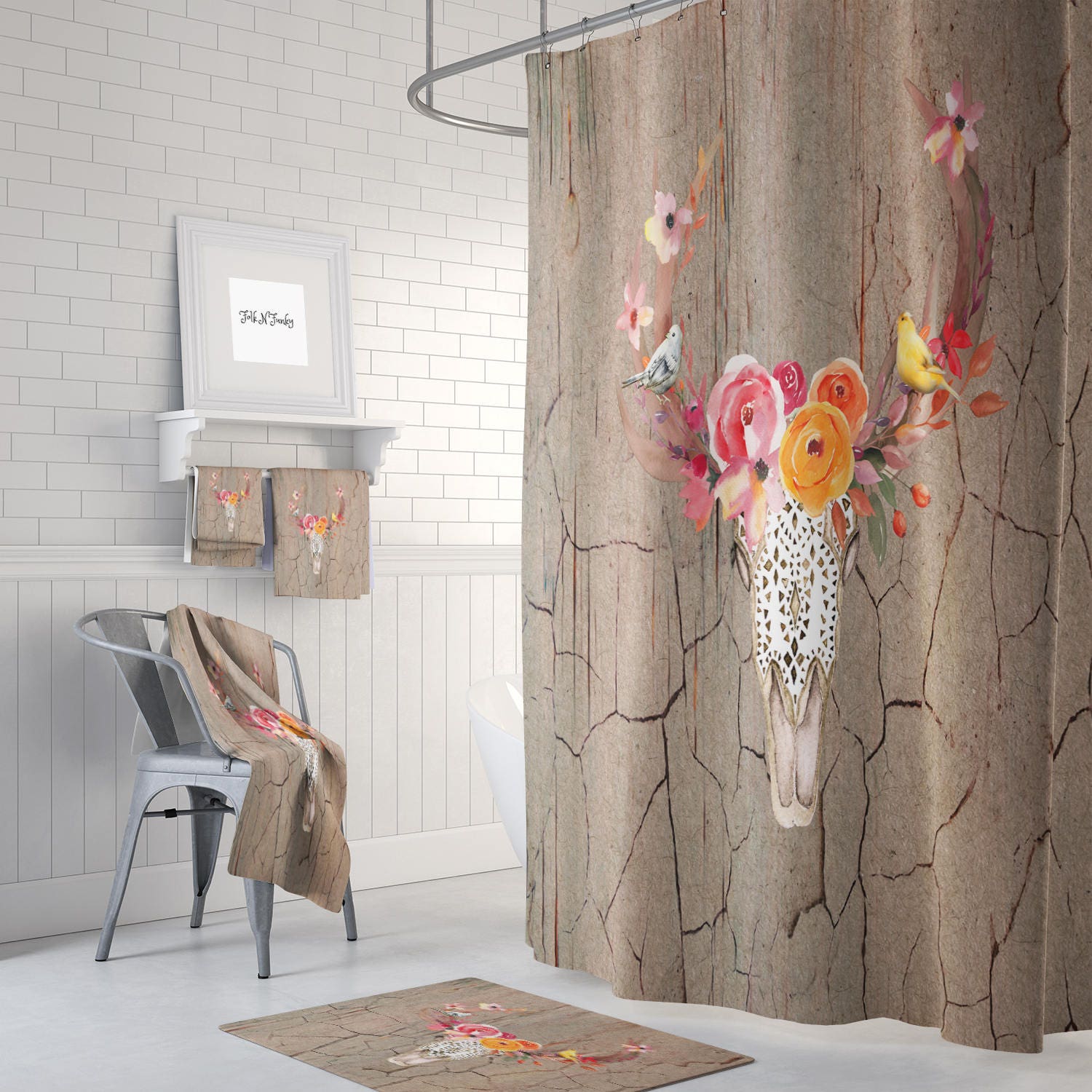 Floral Rustic Bull Skull Shower Curtain - Western Bath Curtain with Optional Towels and Mat for Boho-Chic Bathroom Decor