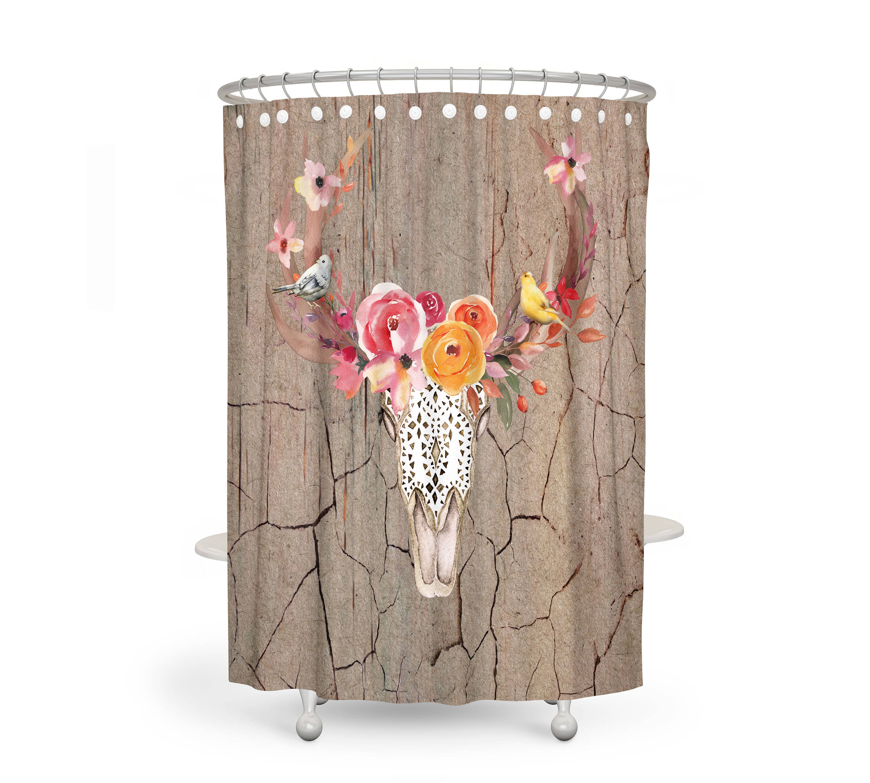 Floral Rustic Bull Skull Shower Curtain - Western Bath Curtain with Optional Towels and Mat for Boho-Chic Bathroom Decor - Image 2