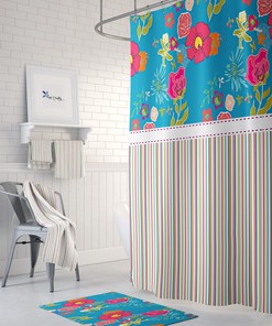 Floral Striped Shower Curtain - Striking Bath Curtain with Optional Towels and Mat for Chic and Relaxing Bathroom Decor
