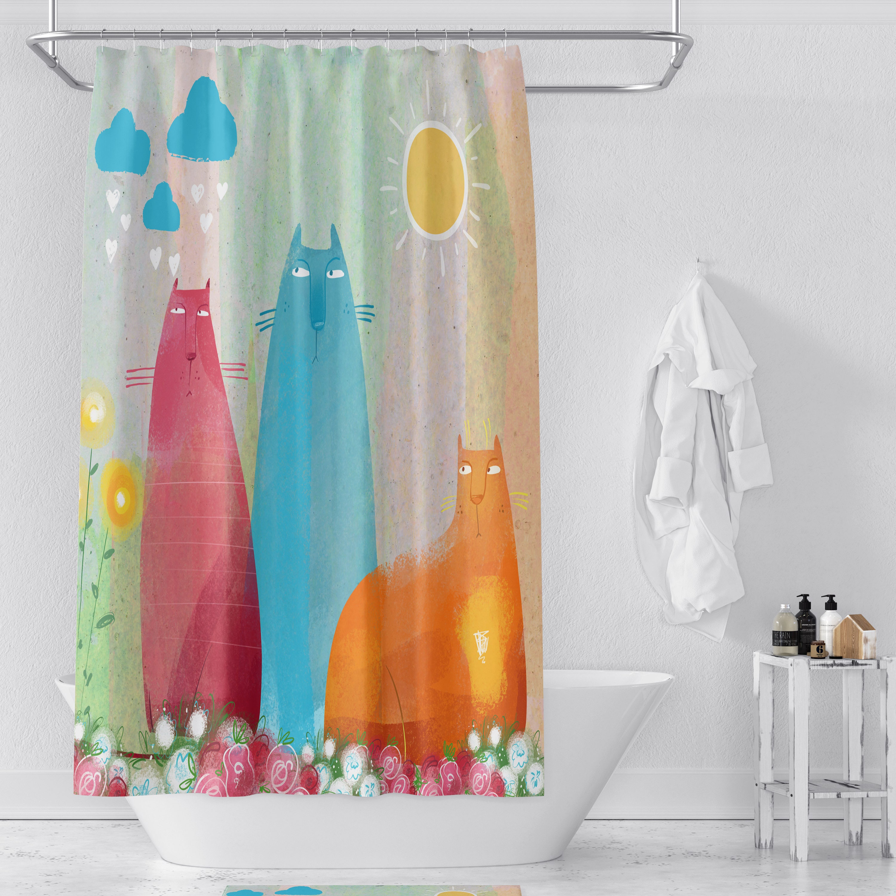 Flossie's Cats FolkNFunky Shower Curtain Set, Optional Towel and Bath Mat Included for Unique Bathroom Decor - Image 2