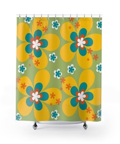 Flower Power Green, Orange, White, and Teal Retro Mid Mod Groovy Shower Curtain for a Summer Vibe