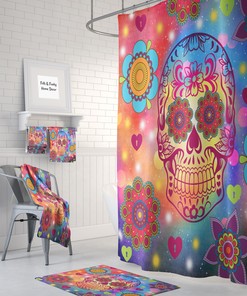 Flower Power Happy Skull Vintage Kids Bathroom Shower Curtain, Optional Bath Towels and Hand Towels