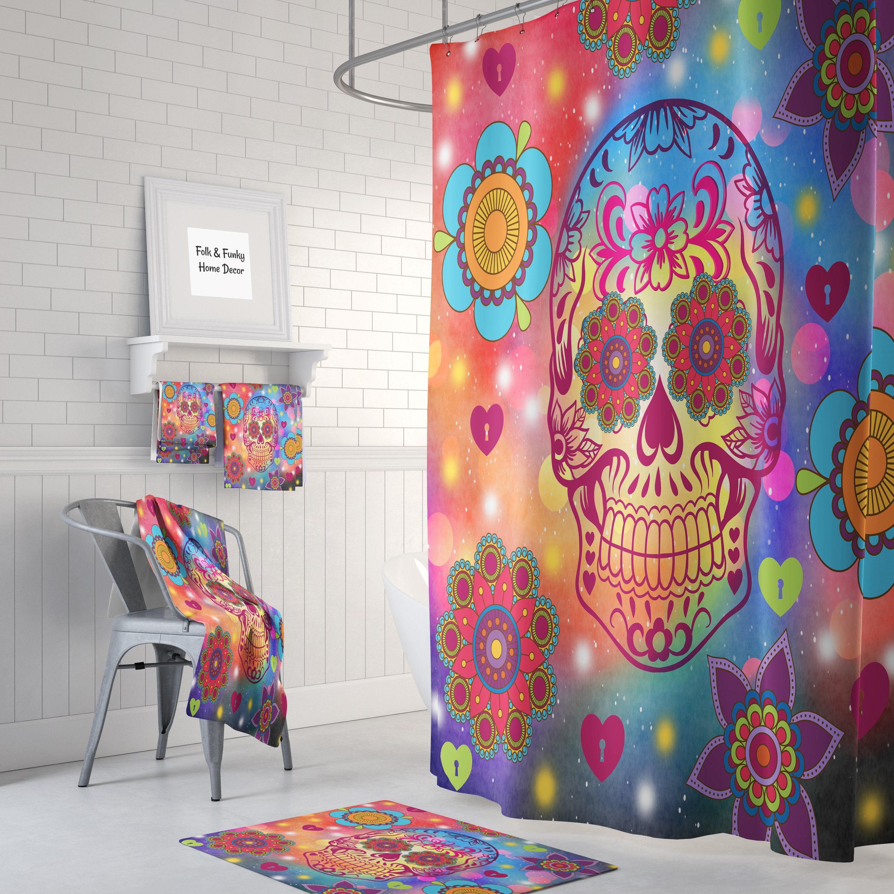 Flower Power Happy Skull Vintage Kids Bathroom Shower Curtain, Optional Bath Towels and Hand Towels