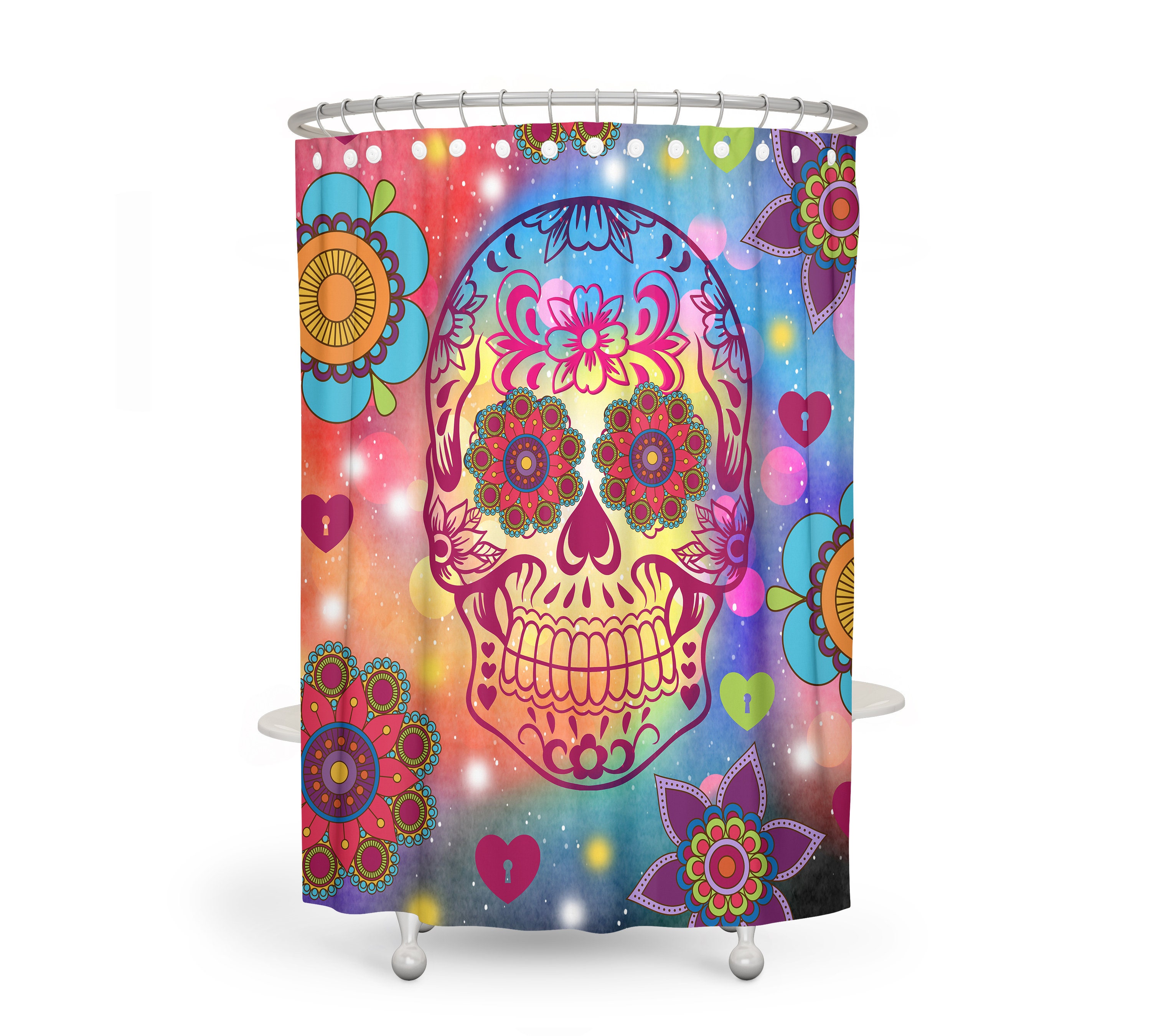 Flower Power Happy Skull Vintage Kids Bathroom Shower Curtain, Optional Bath Towels and Hand Towels - Image 2