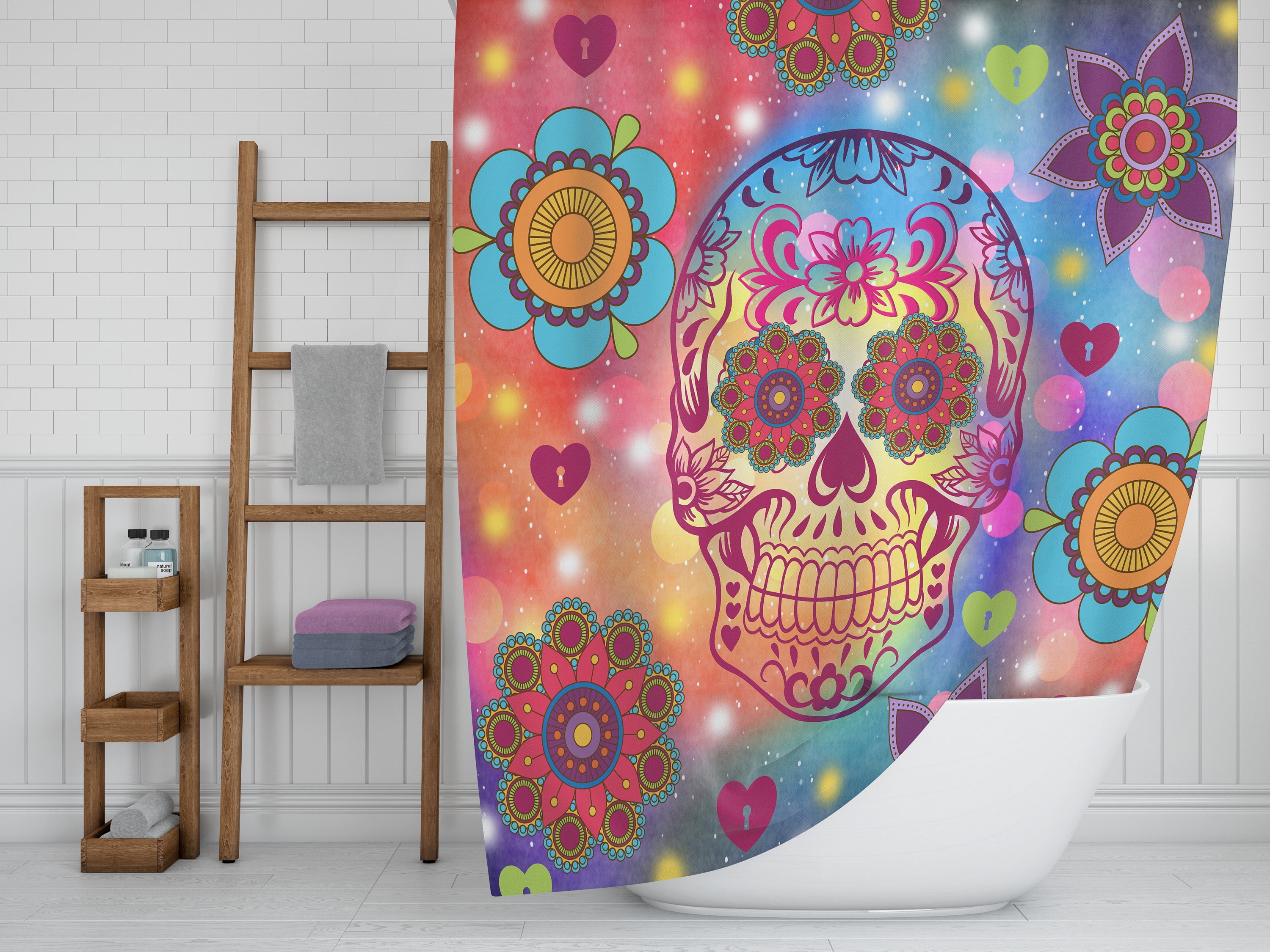 Flower Power Happy Skull Vintage Kids Bathroom Shower Curtain, Optional Bath Towels and Hand Towels - Image 3