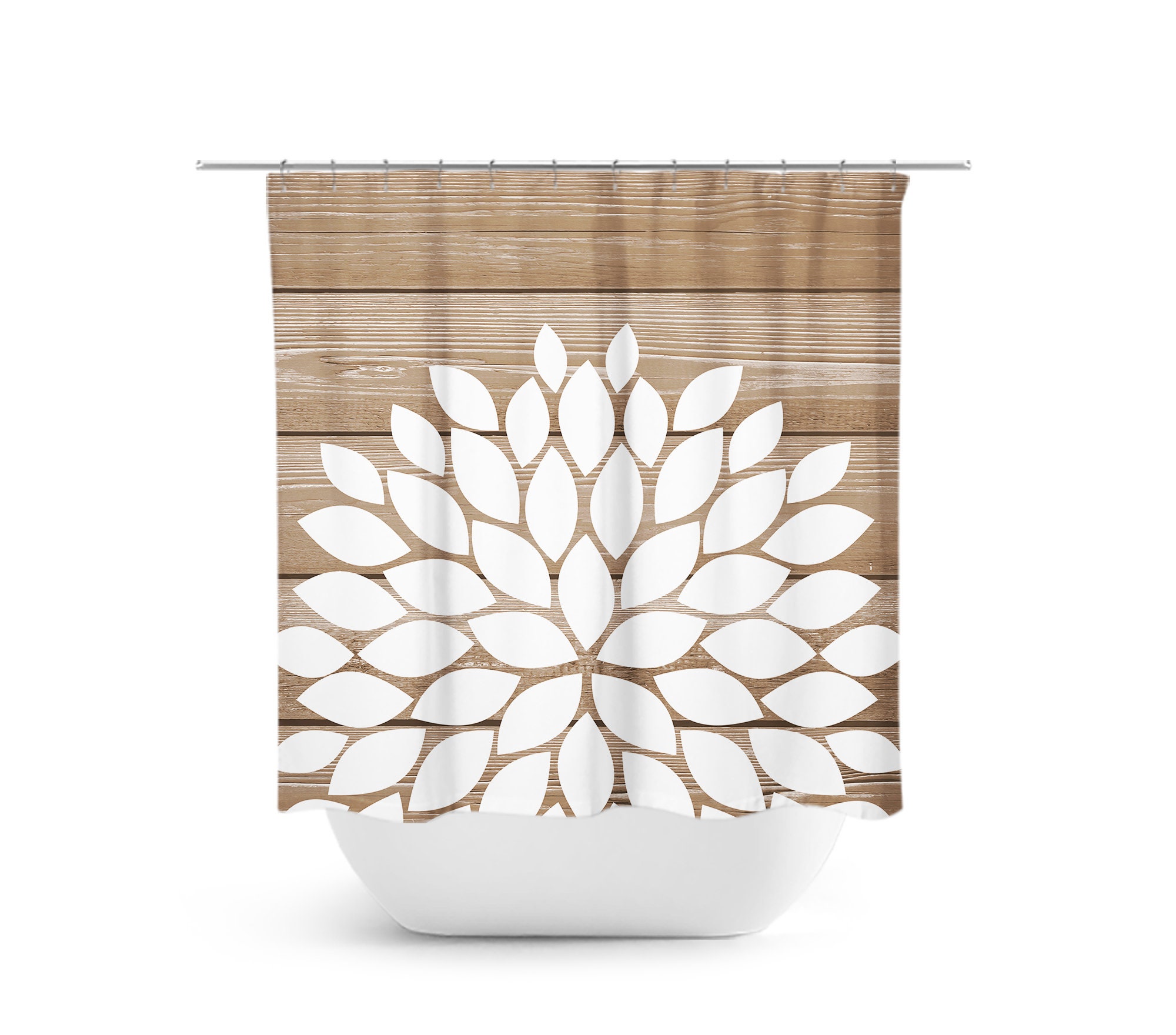 Flower Shower Curtain, Tan and White Bathroom Farmhouse Decor, Stylish Bathtub Curtain for Girls