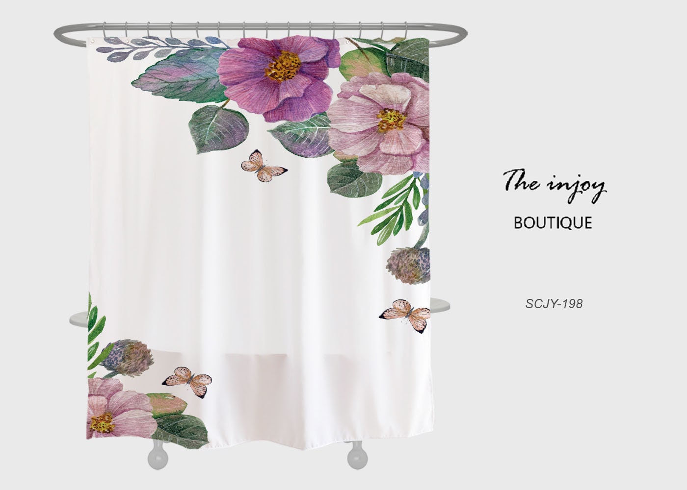 Flowers Butterfly Shower Curtain, Minimalist Plant Floral Bathroom Decor with Customizable Size