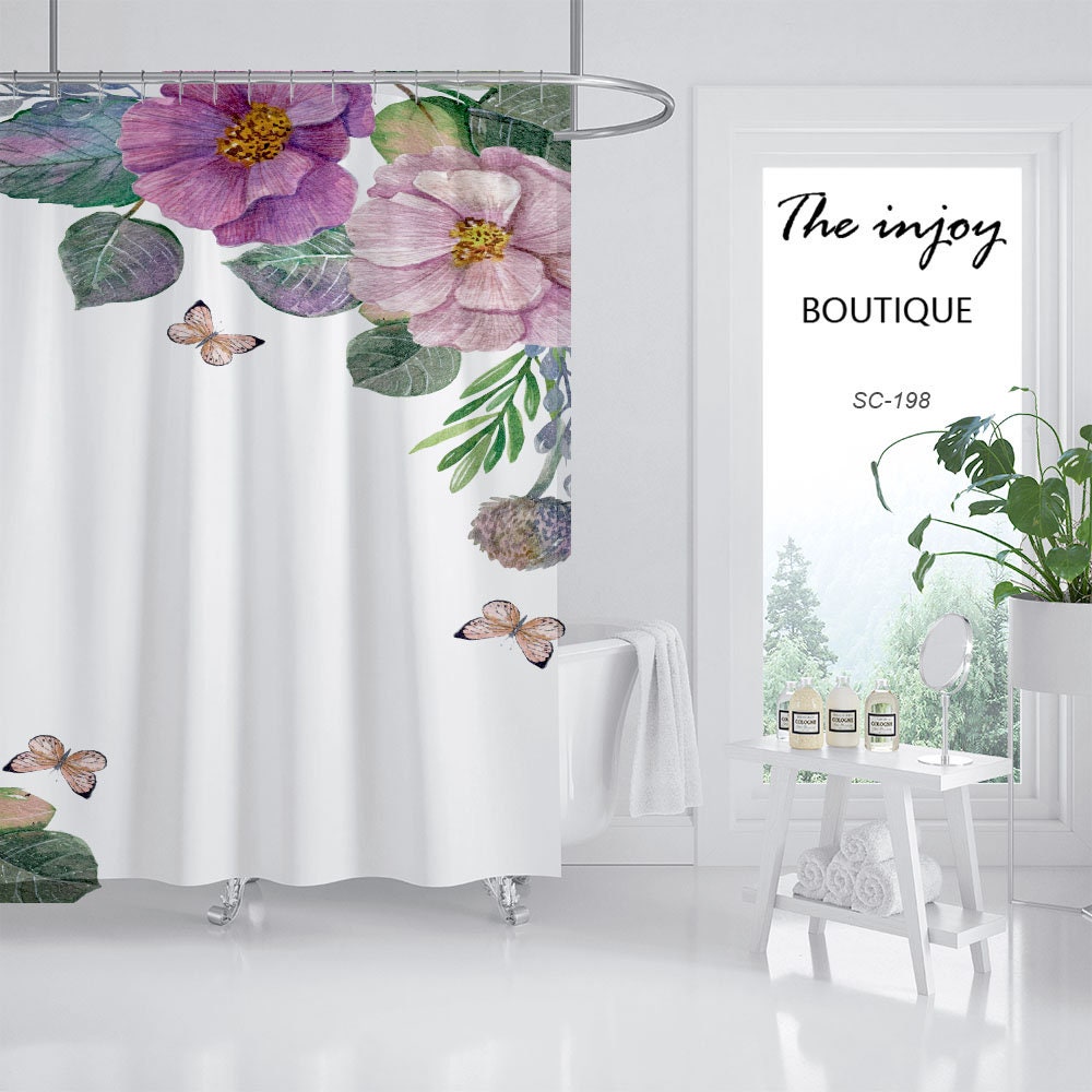 Flowers Butterfly Shower Curtain, Minimalist Plant Floral Bathroom Decor with Customizable Size - Image 2