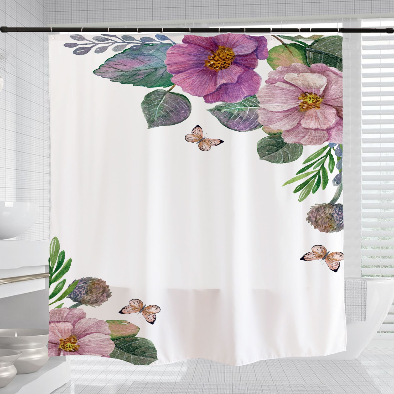 Flowers Butterfly Shower Curtain, Minimalist Plant Floral Bathroom Decor with Customizable Size - Image 3