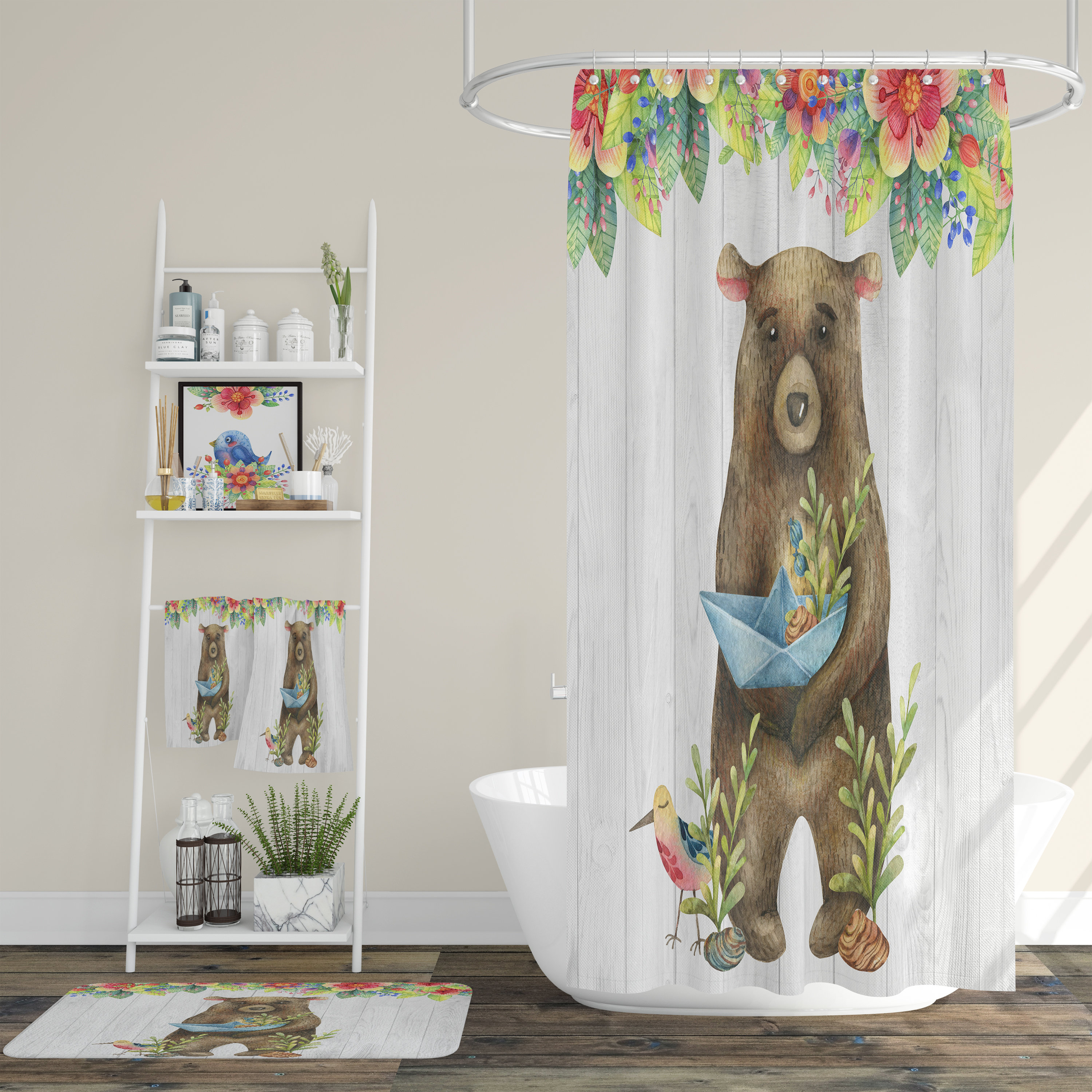 Folk Art Bear Shower Curtain with Coordinating Bath Mat and Towels - Image 2