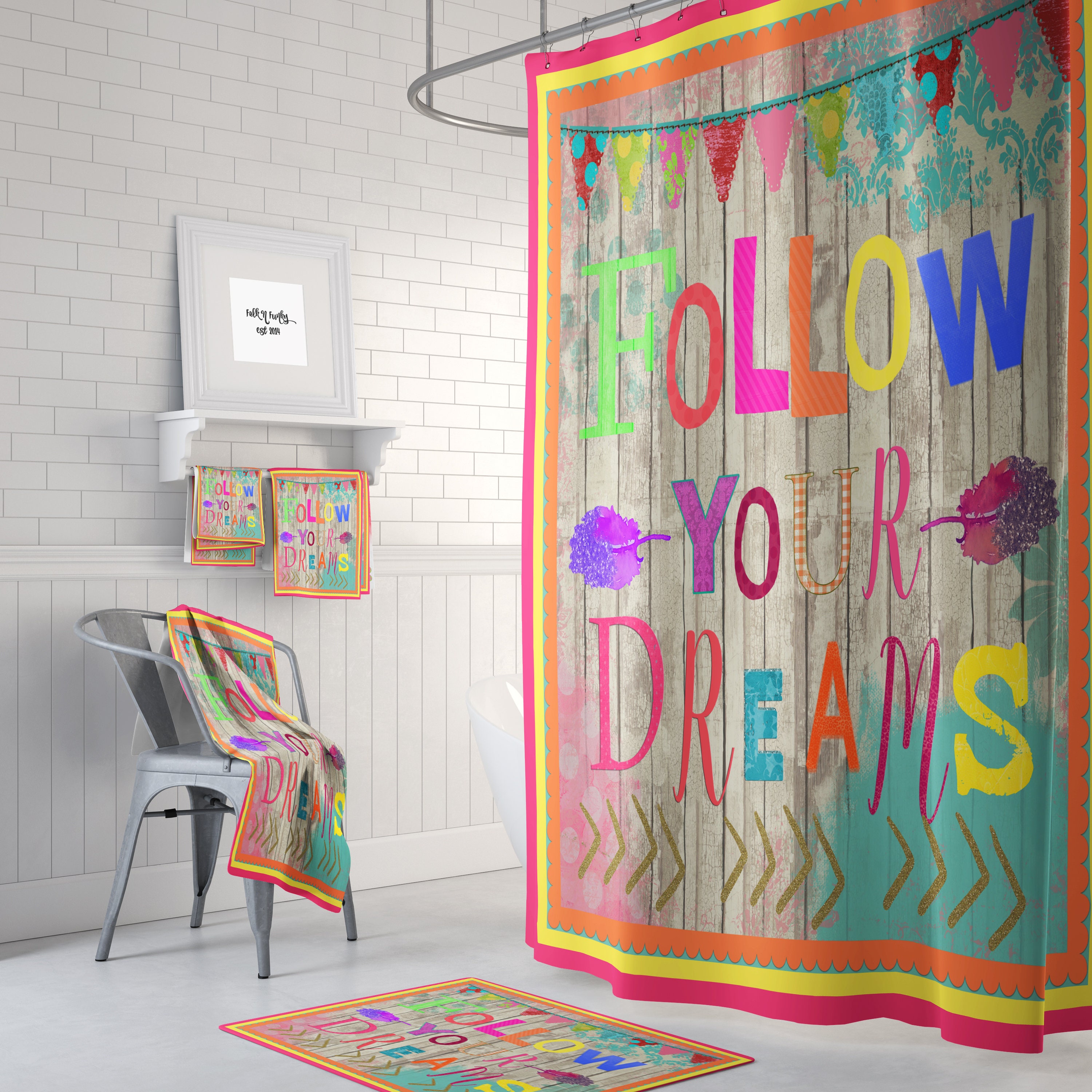 Follow Your Dreams Vibrant Boho Shower Curtain for Inspiring Bathroom Decor