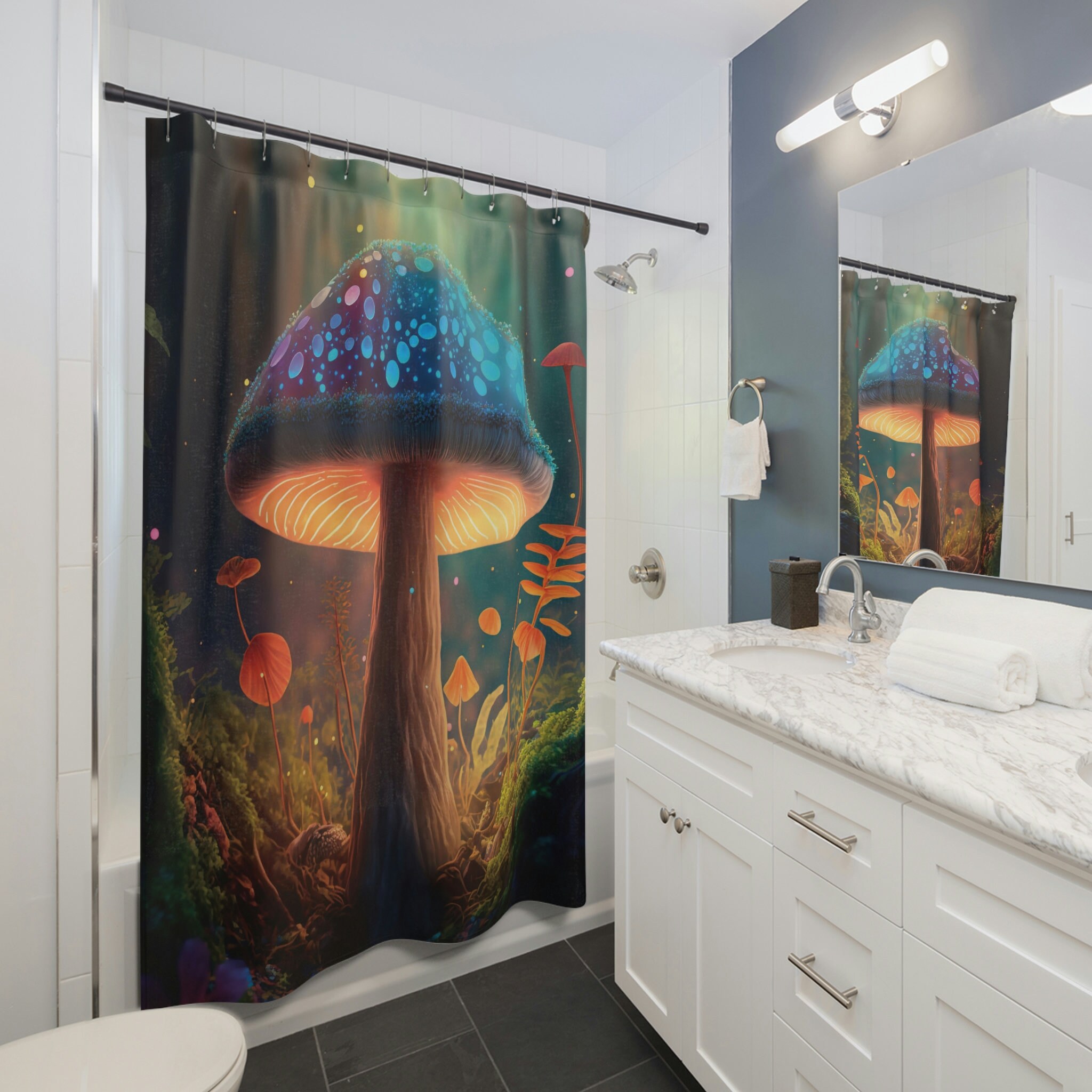 Forest Mushroom Shower Curtain | Mid Century Modern Gothic Style | Magic Mushrooms Bathroom Decor