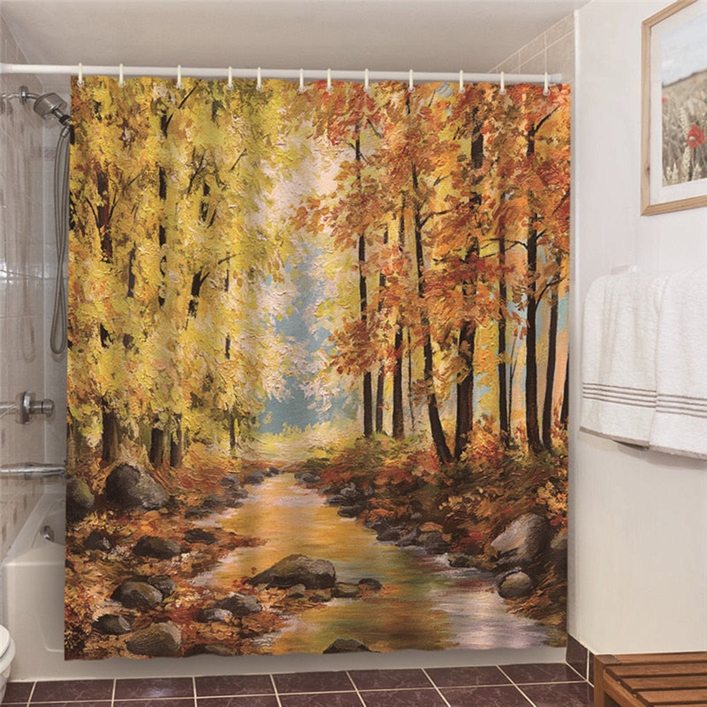 Forest trees river landscape Shower Curtain | Autumn fall yellow leaves Fabric Bathroom home Decor