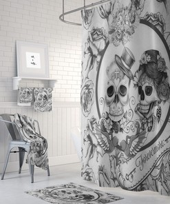 Forever More Skull Shower Curtain Set with Gothic Bathroom Decor