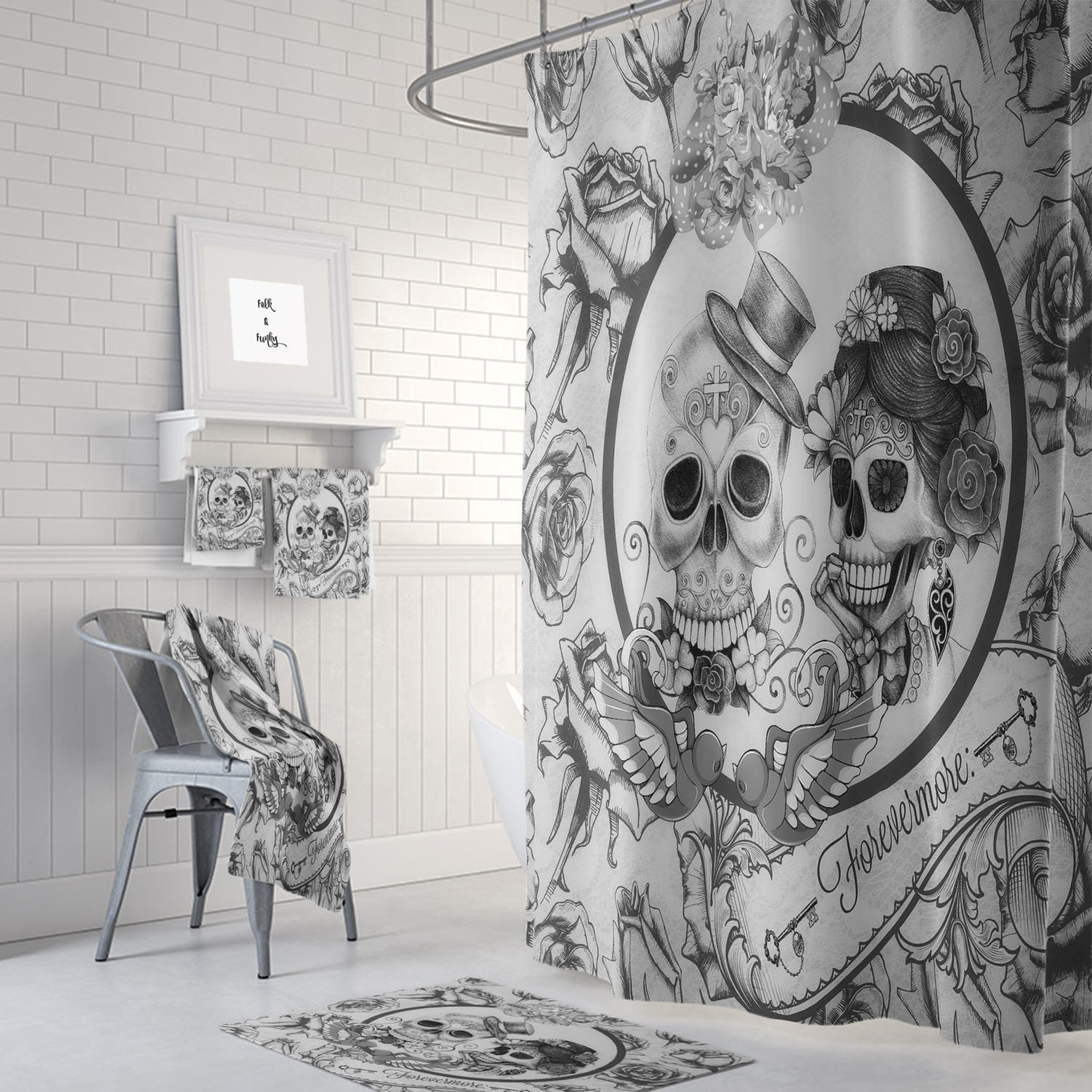 Forever More Skull Shower Curtain Set with Gothic Bathroom Decor