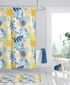 French Country Yellow and Blue Floral Shower Curtain - Elegant Bath Curtain with Matching Mat