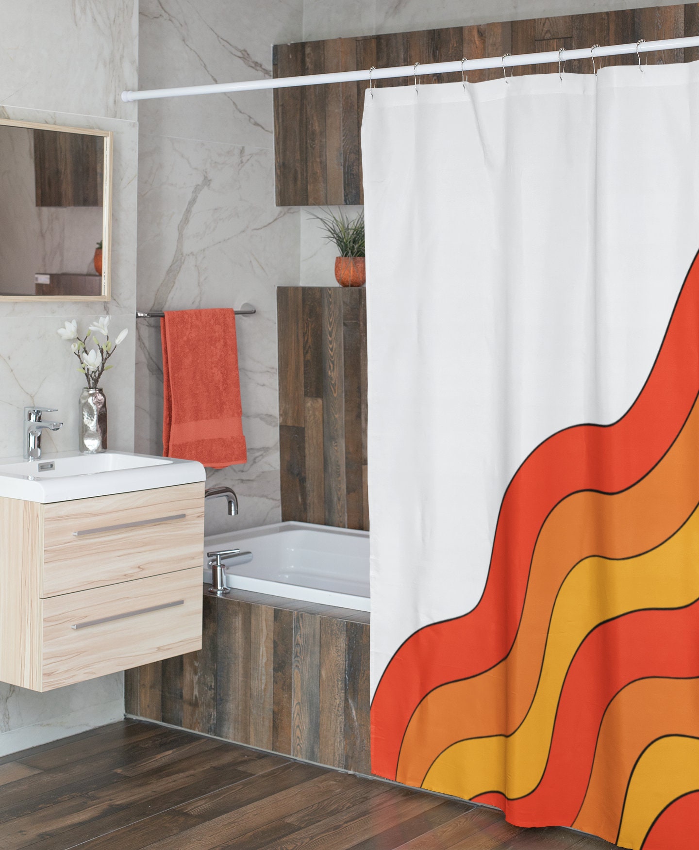 Funky Boho Shower Curtain, Psychedelic 60's 70's Hippie Bathroom Accessory with Groovy Decor - Image 3