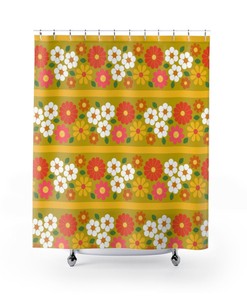Funky Daisy Mid Century Modern Shower Curtain in Yellow, Green, and Pink for Groovy Flower Power Vibe