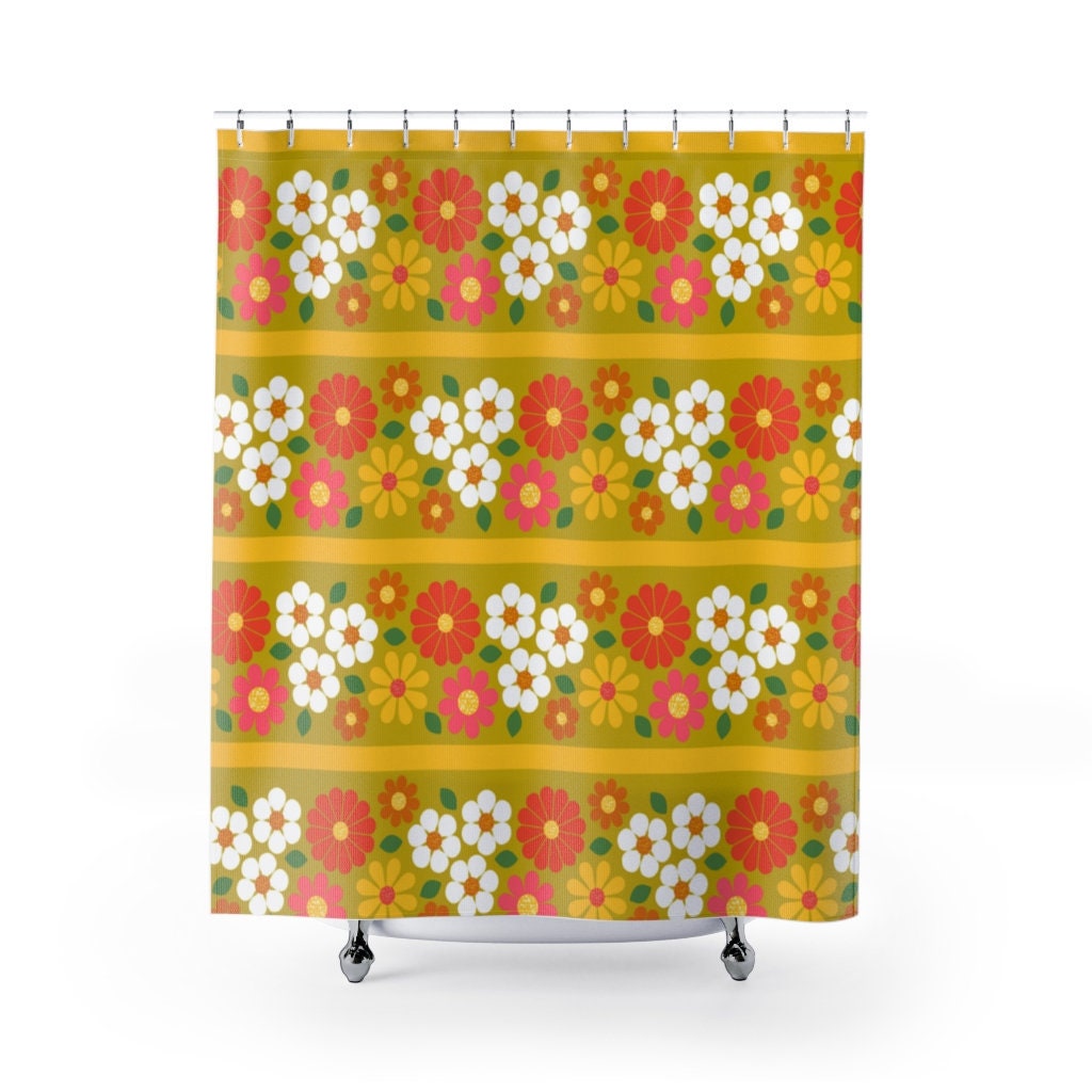Funky Daisy Mid Century Modern Shower Curtain in Yellow, Green, and Pink for Groovy Flower Power Vibe