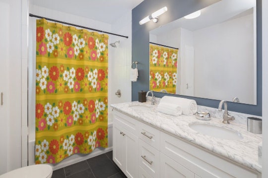 Funky Daisy Mid Century Modern Shower Curtain in Yellow, Green, and Pink for Groovy Flower Power Vibe - Image 2