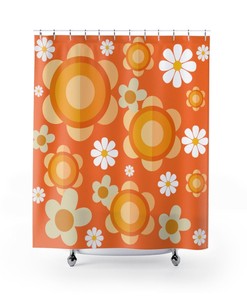 Funky Daisy Orange Mid Mod Shower Curtain for a 70's Vibe Bathroom