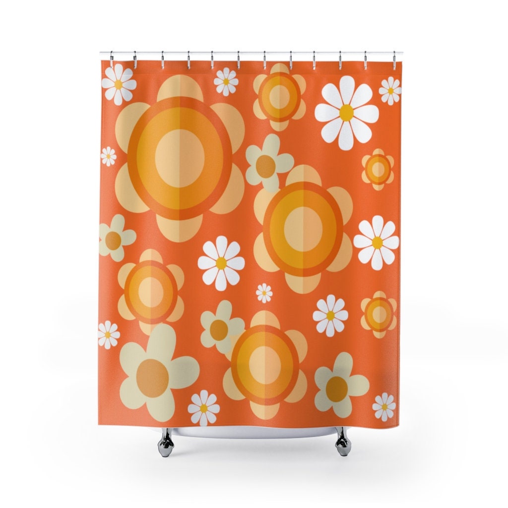Funky Daisy Orange Mid Mod Shower Curtain for a 70's Vibe Bathroom
